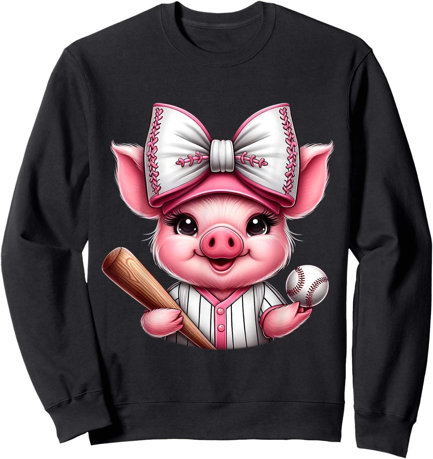 Cute Pig Baseball Coquette Bow Pig Baseball Player Sweatshirt - Sweatshirt | Black