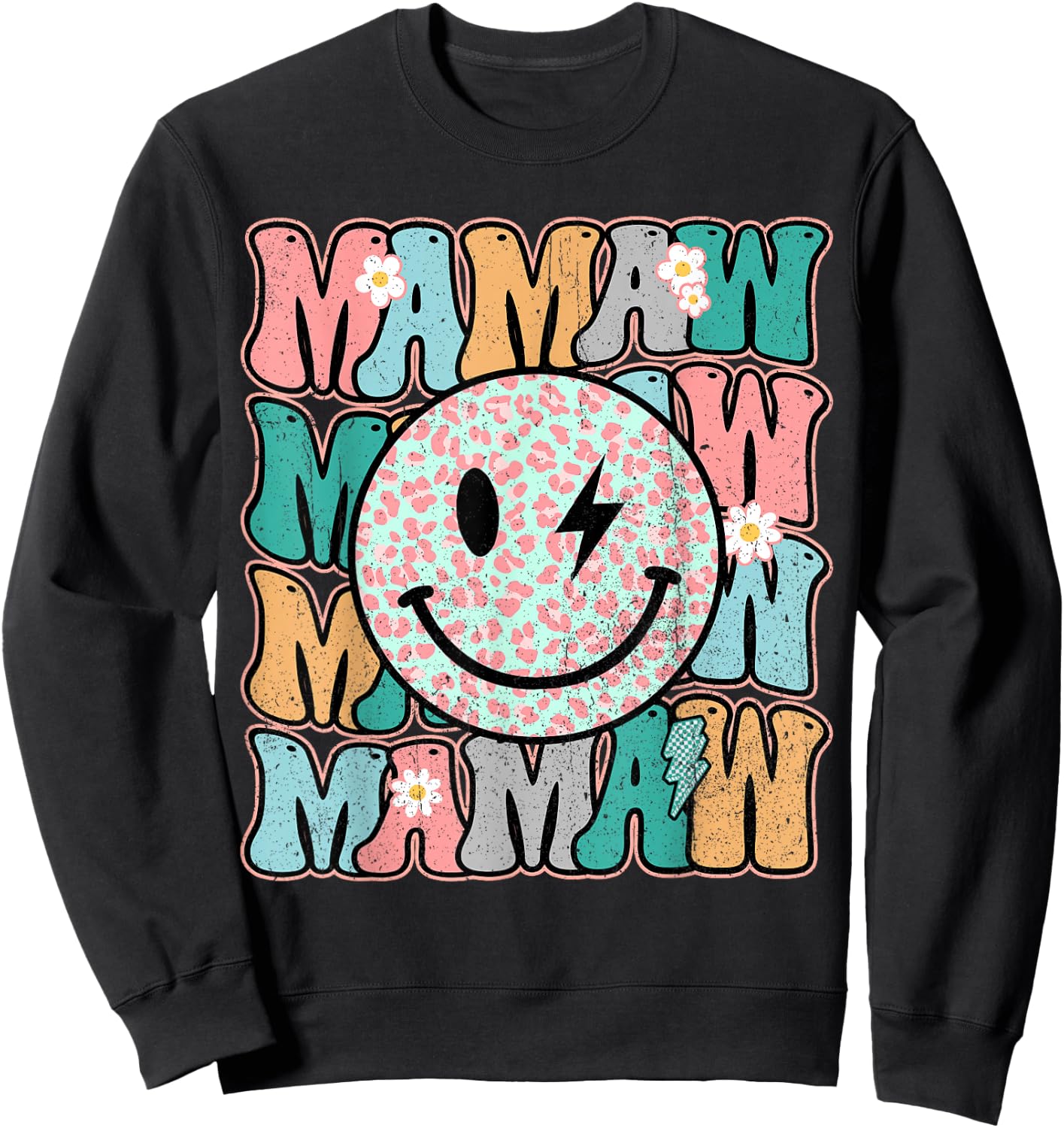 Groovy Mamaw Leopard Smile Face Grandma Life Mother's Day Sweatshirt - Sweatshirt | Black