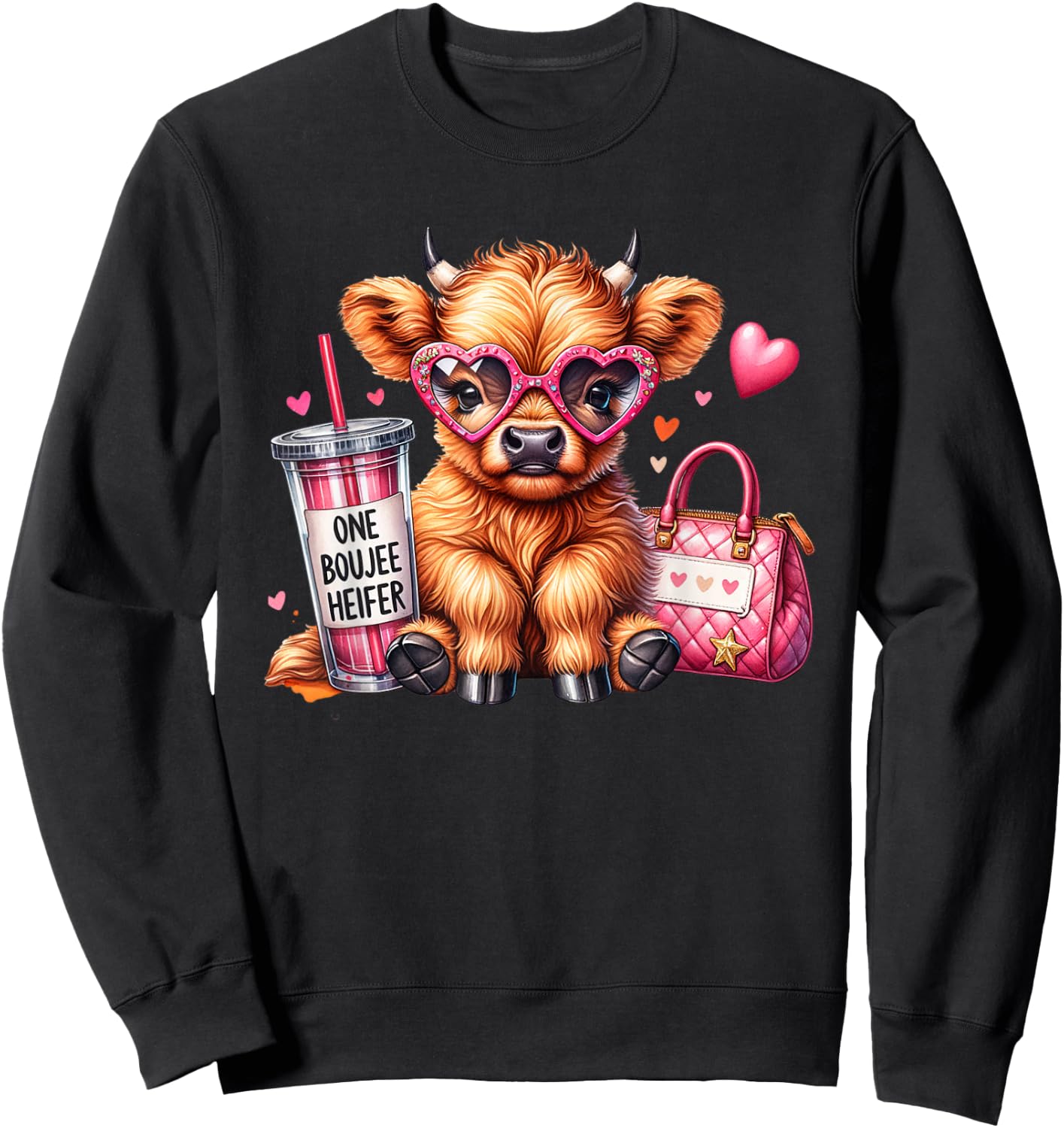 One Boujee Heifer Highland Cow Bougie Pink Tumbler Handbag Sweatshirt - Sweatshirt | Black