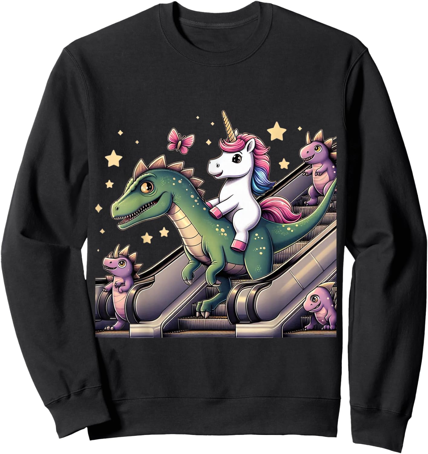 Unicorn Dinosaur Escalator Girls Boys Men Women Kids Rainbow Sweatshirt - Sweatshirt | Black