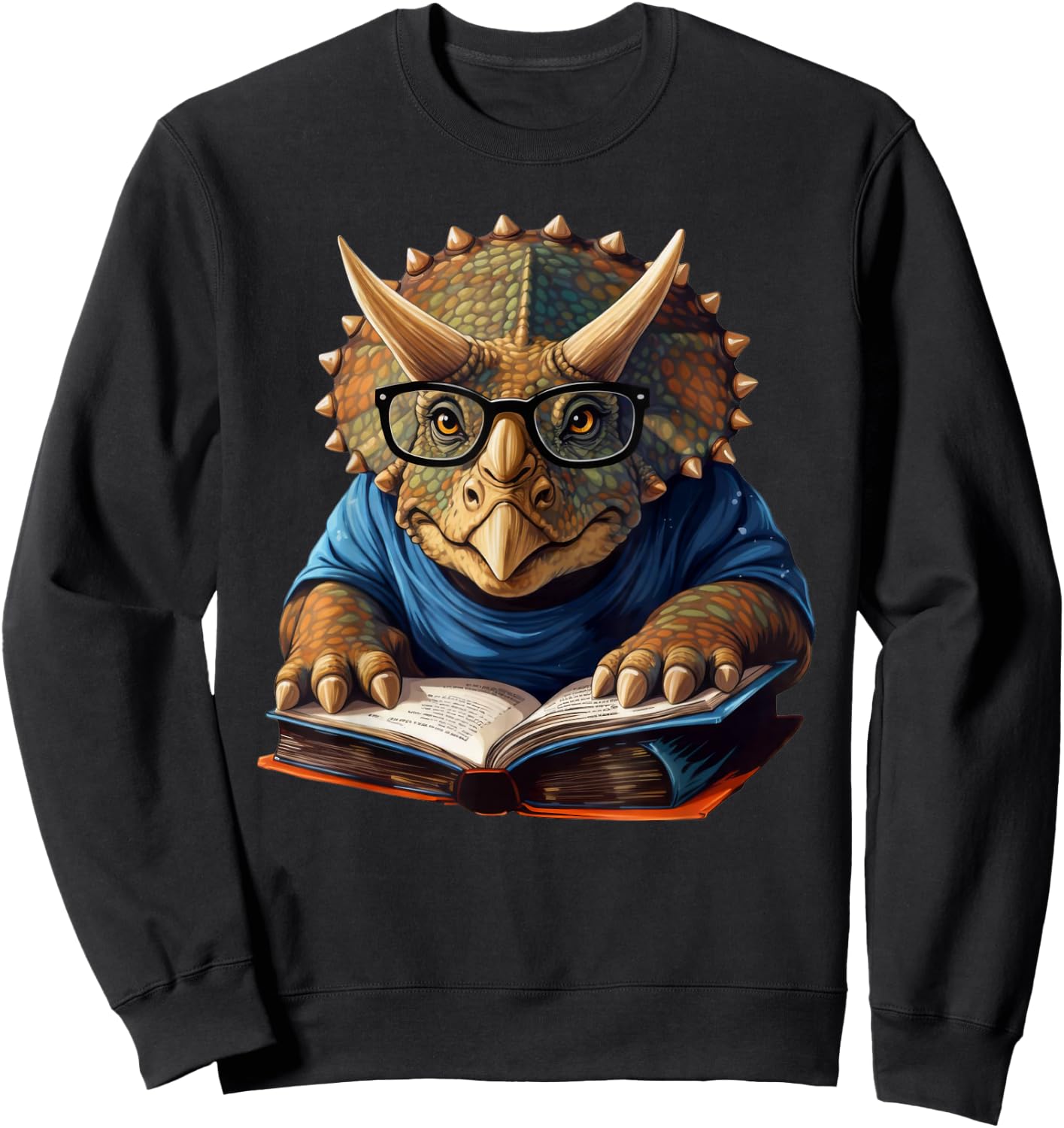 Triceratops Dinosaur Reading Book Nerd Sweatshirt - Sweatshirt | Black