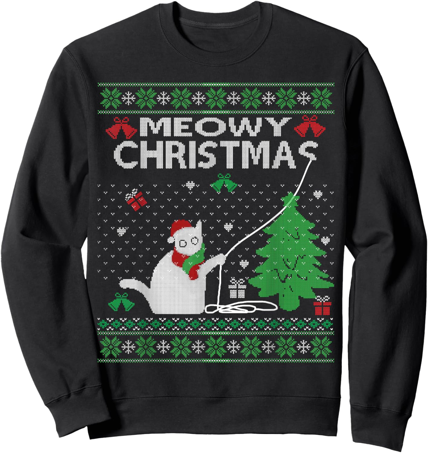 Funny Meowy Christmas Cats Xmas Cute Cat Lover Ugly Sweater Men Women Kids Sweatshirt - Sweatshirt | Black