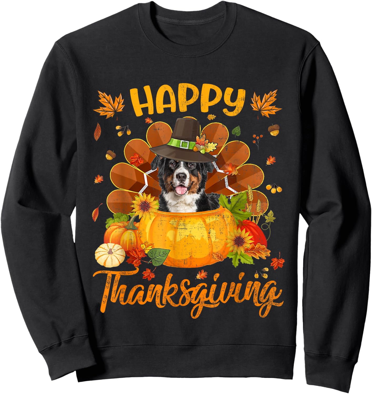 Happy Thanksgiving Bernese Mountain Dog Turkey Pumpkin Sweatshirt - Sweatshirt | Black