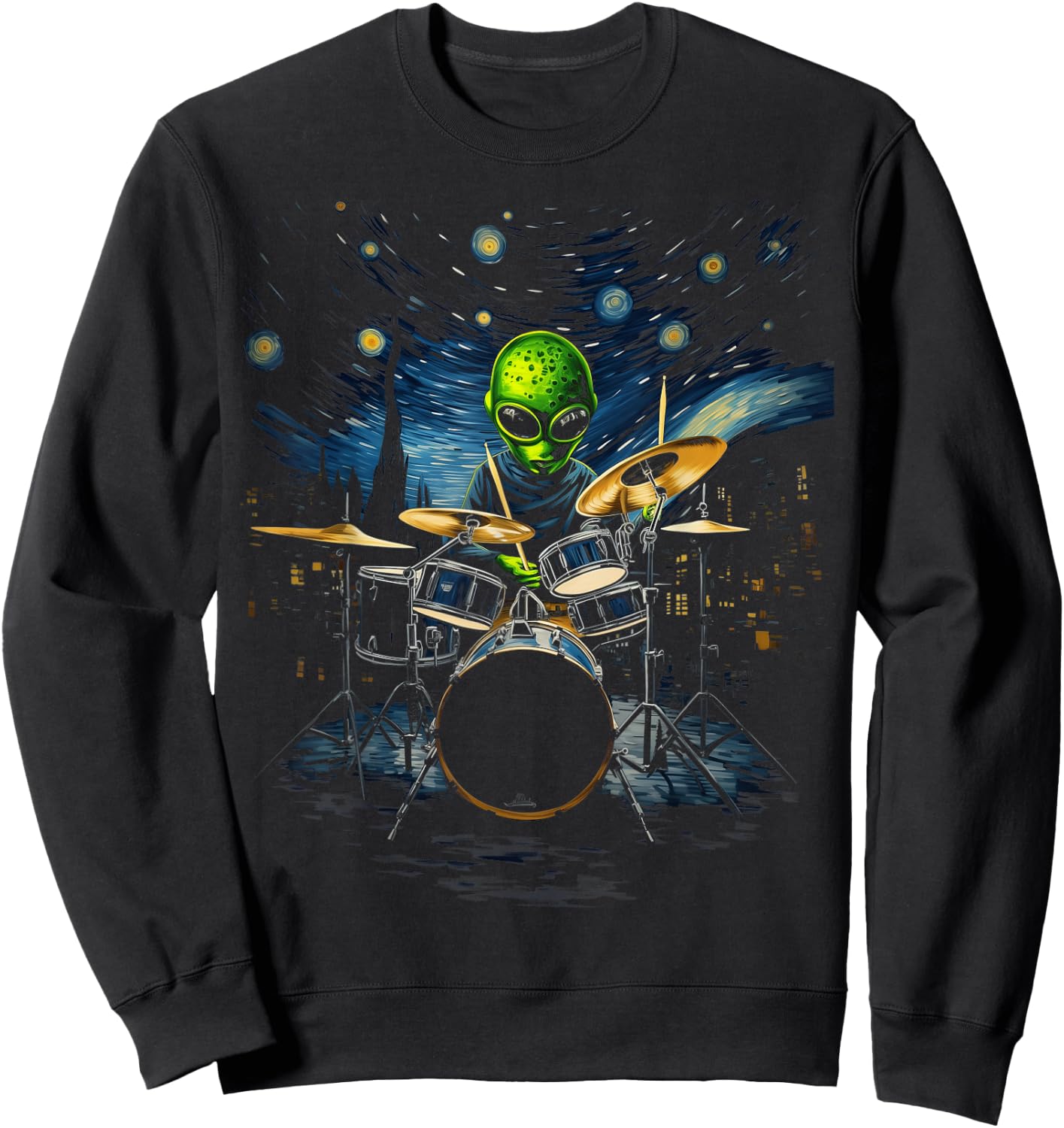 Van Gogh Alien Percussionist Drum Kit Playing Drum , Black, S Sweatshirt - Sweatshirt | Black
