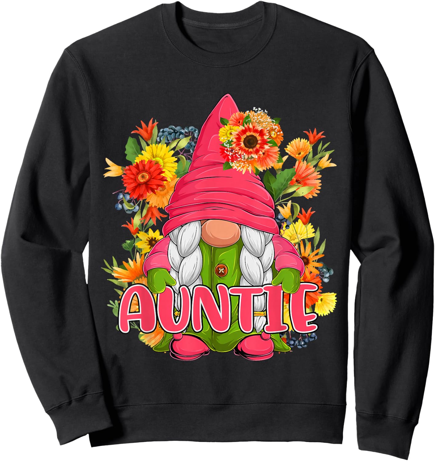 Auntie Cute Floral Flowers Gnome Costume Family Women Lover Sweatshirt - Sweatshirt | Black