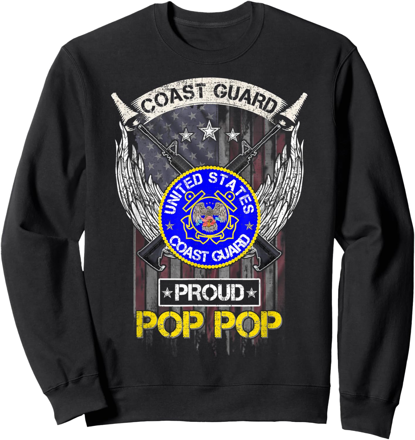Vintage USA American Flag US Coast Guard Proud Pop Pop Funny Women Men Sweatshirt - Sweatshirt | Black