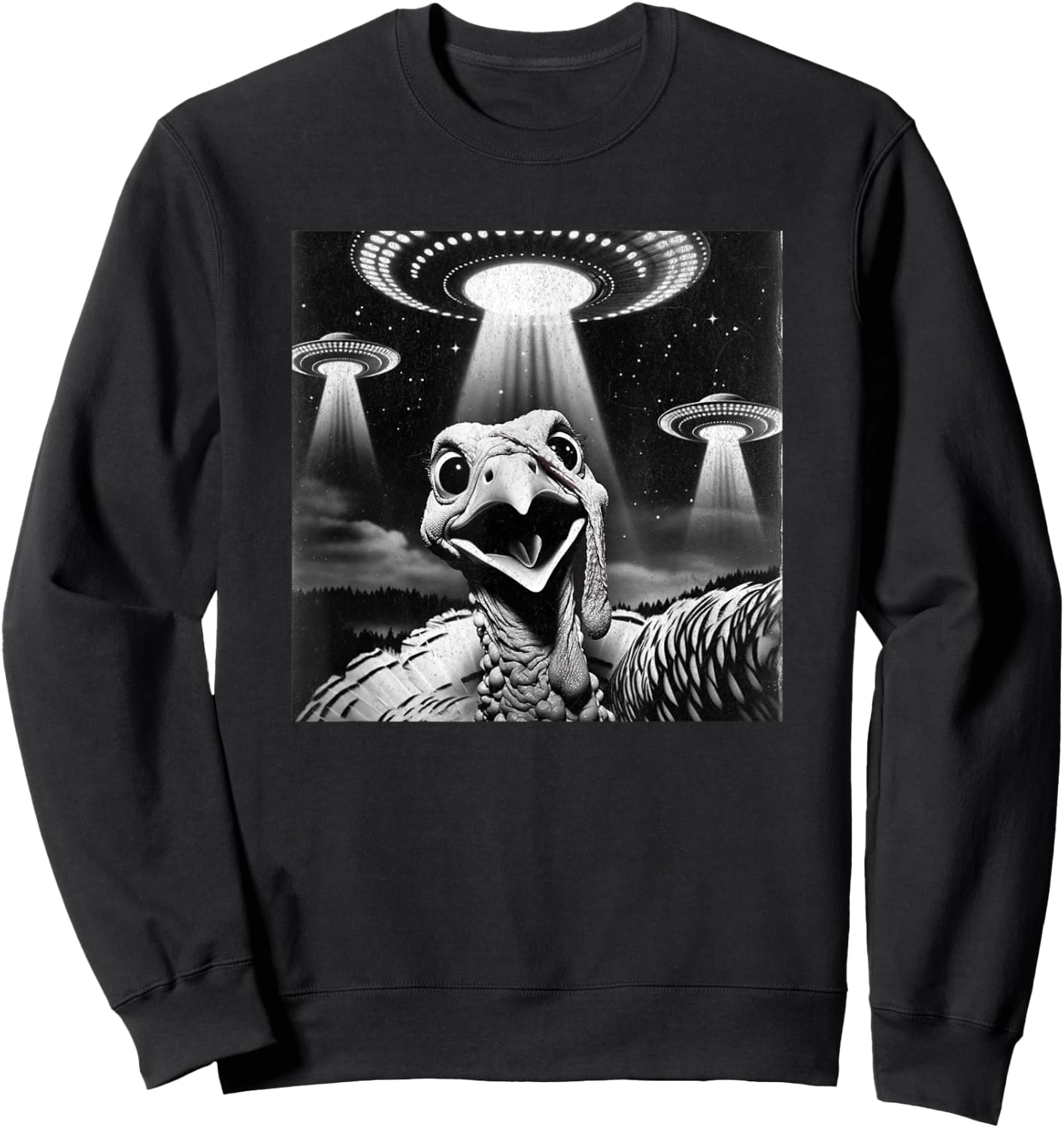 Invasion Funny Thanksgiving Meme Alien Turkey UFO Selfie Sweatshirt - Sweatshirt | Black