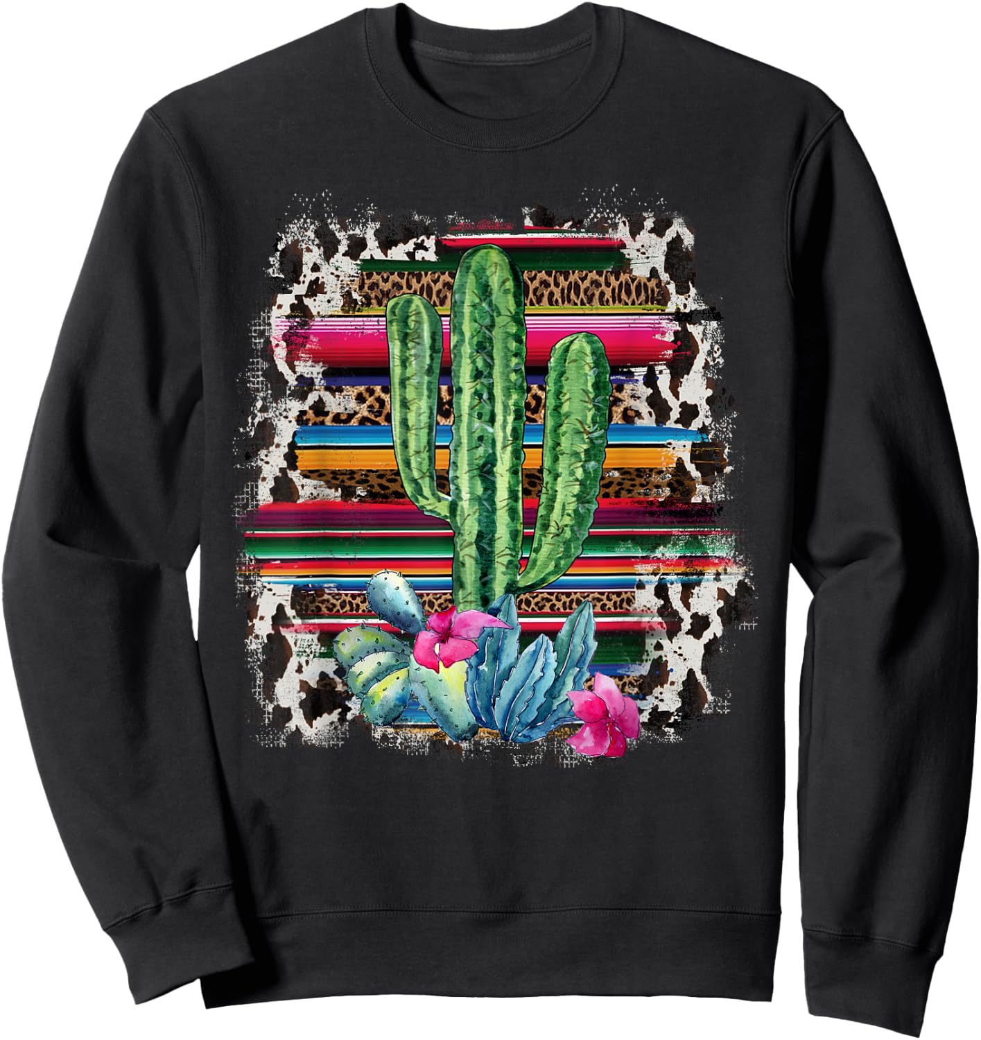 Funny Leopard Cactus Serape Cactus print Turquoise Western Sweatshirt - Sweatshirt | Black
