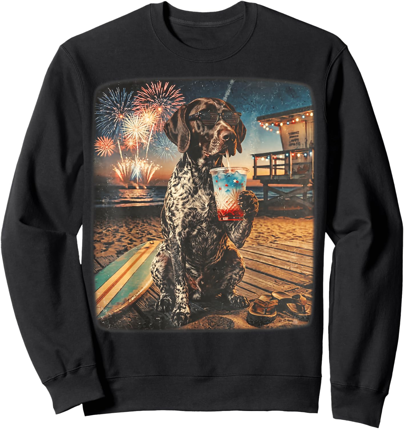 German Shorthaired Pointer Patriotic Beach Fireworks Dog Art Sweatshirt - Sweatshirt | Black