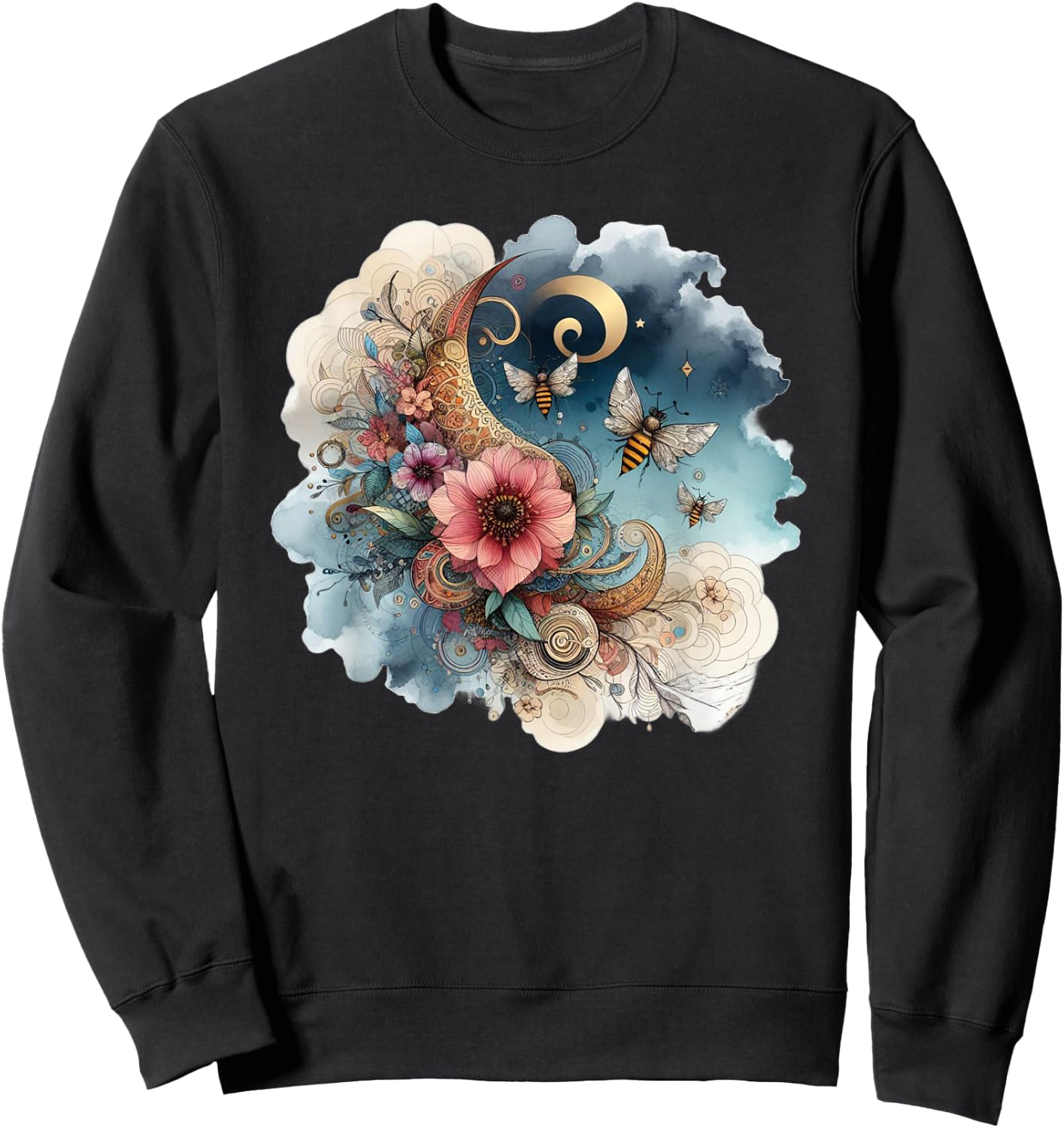 Floral Bee Watercolor Botanical Garden Moon Stars Graphic Sweatshirt - Sweatshirt | Black