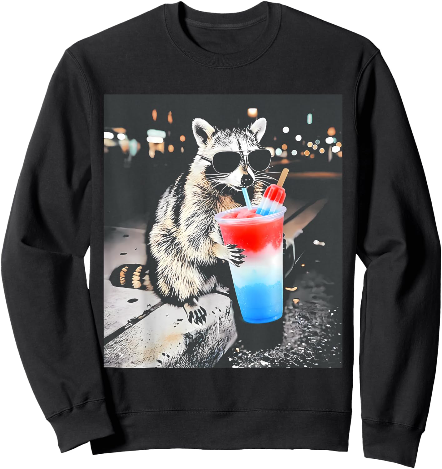 Funny Raccoon Drinking Red White Blue Popsicle Meme US Flag Sweatshirt - Sweatshirt | Black