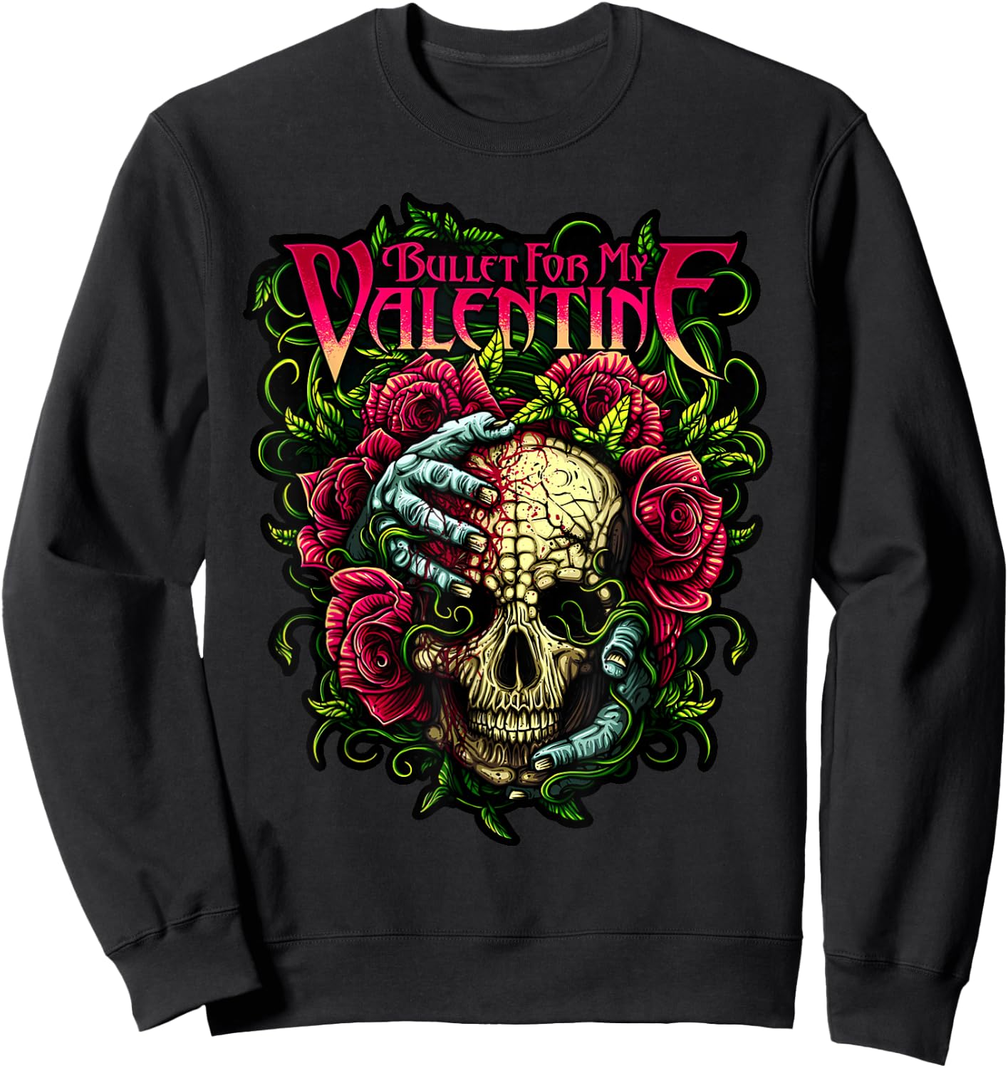 Funny Bullet My Valentine Horror with Skull, Roses and Red Blood Sweatshirt - Sweatshirt | Black
