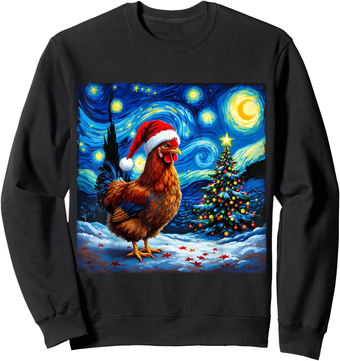 Christmas Chicken Santa Hat Van Gogh Starry Night Holiday Sweatshirt - Sweatshirt | Black