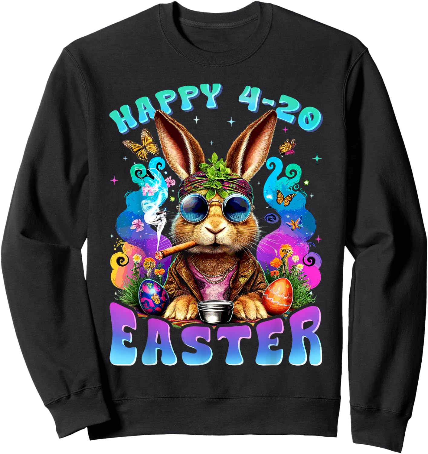 Happy 420 Easter Bunny Smoking Weed Funny Men Women Sweatshirt - Sweatshirt | Black