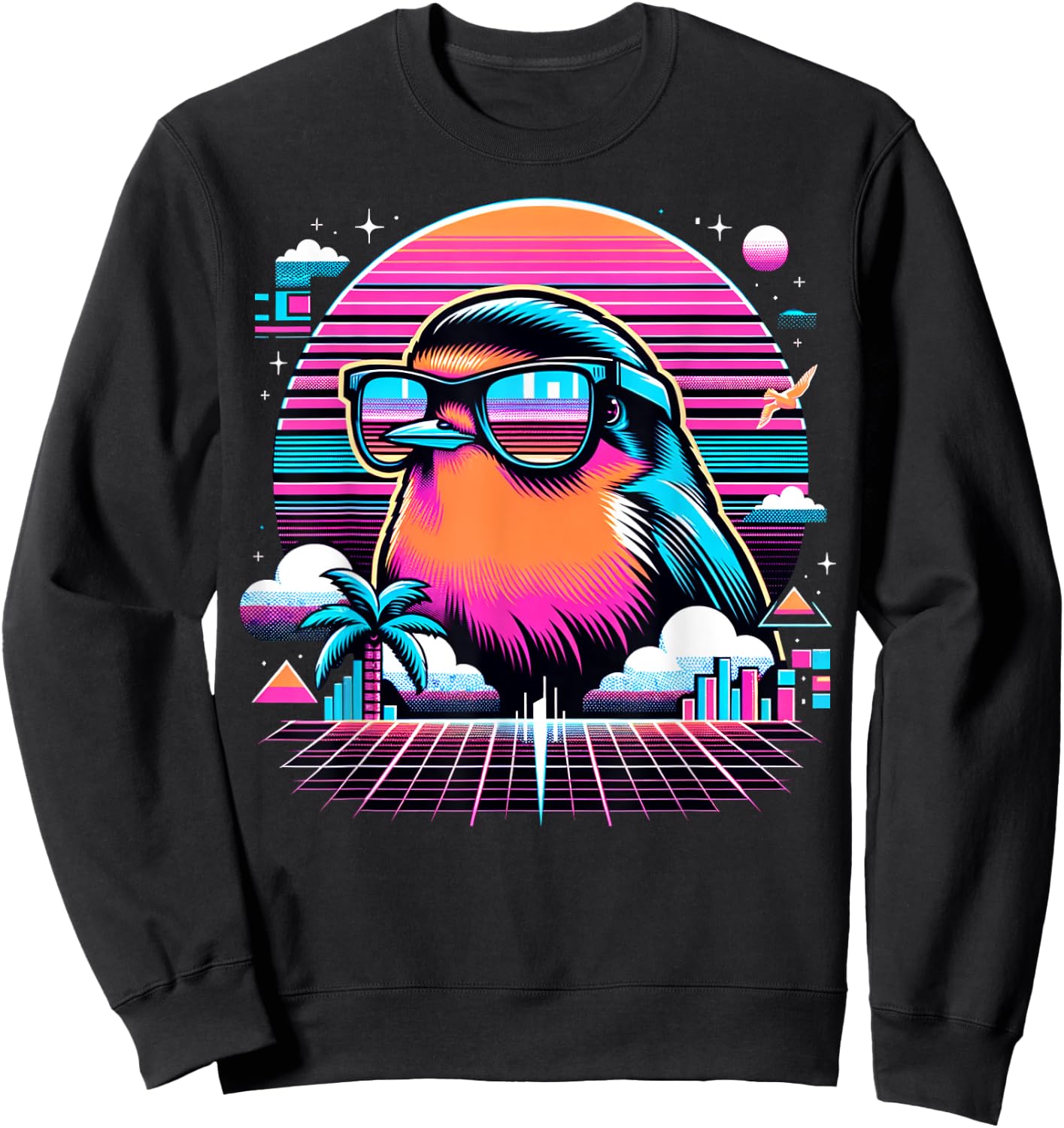 Cool Bird 80s Retrowave 90s Vaporwave American Robin Bird Sweatshirt - Sweatshirt | Black