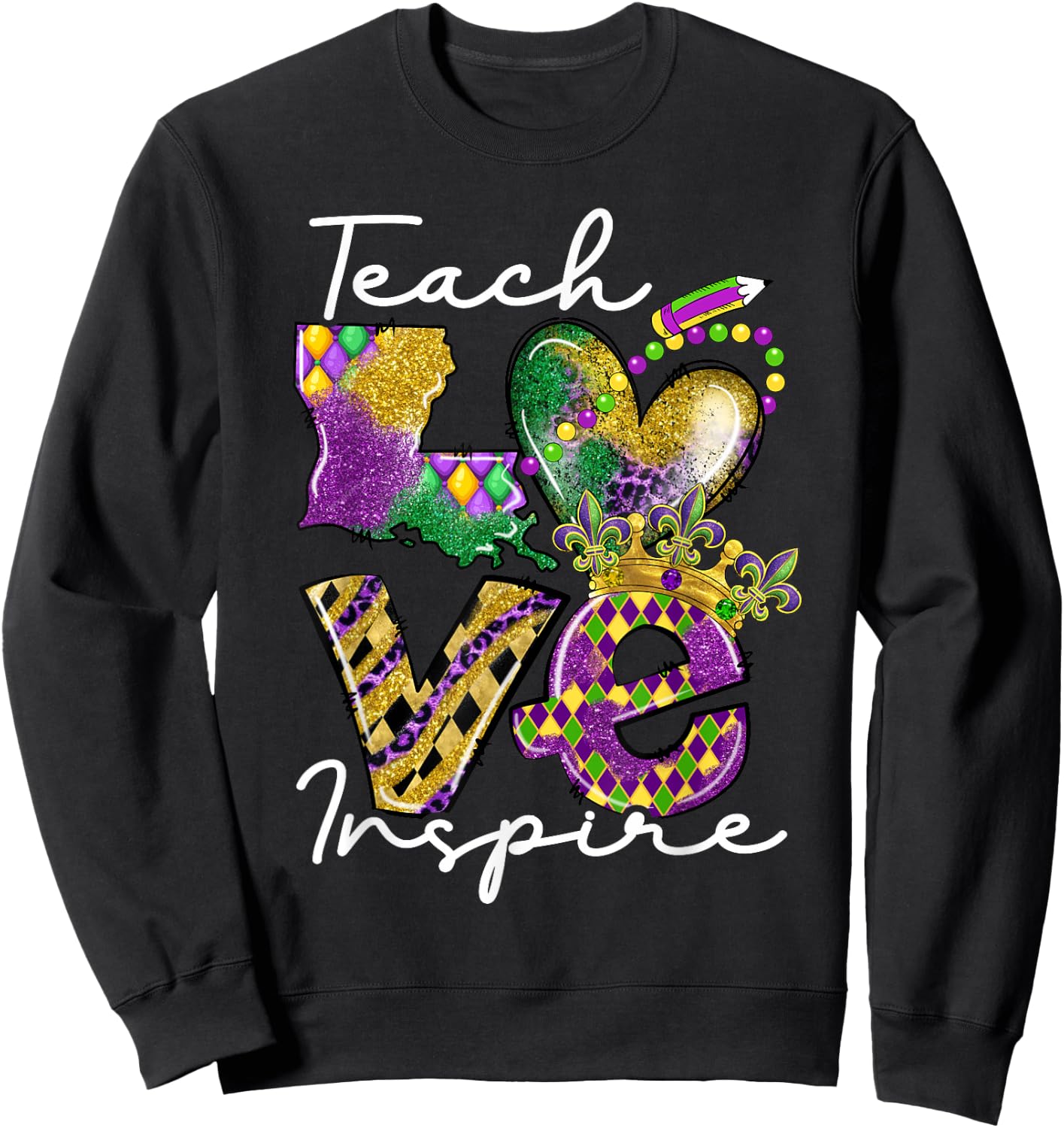 Teacher Mardi Gras Teach Love Inspire Carnival Beads Leopard Sweatshirt - Sweatshirt | Black