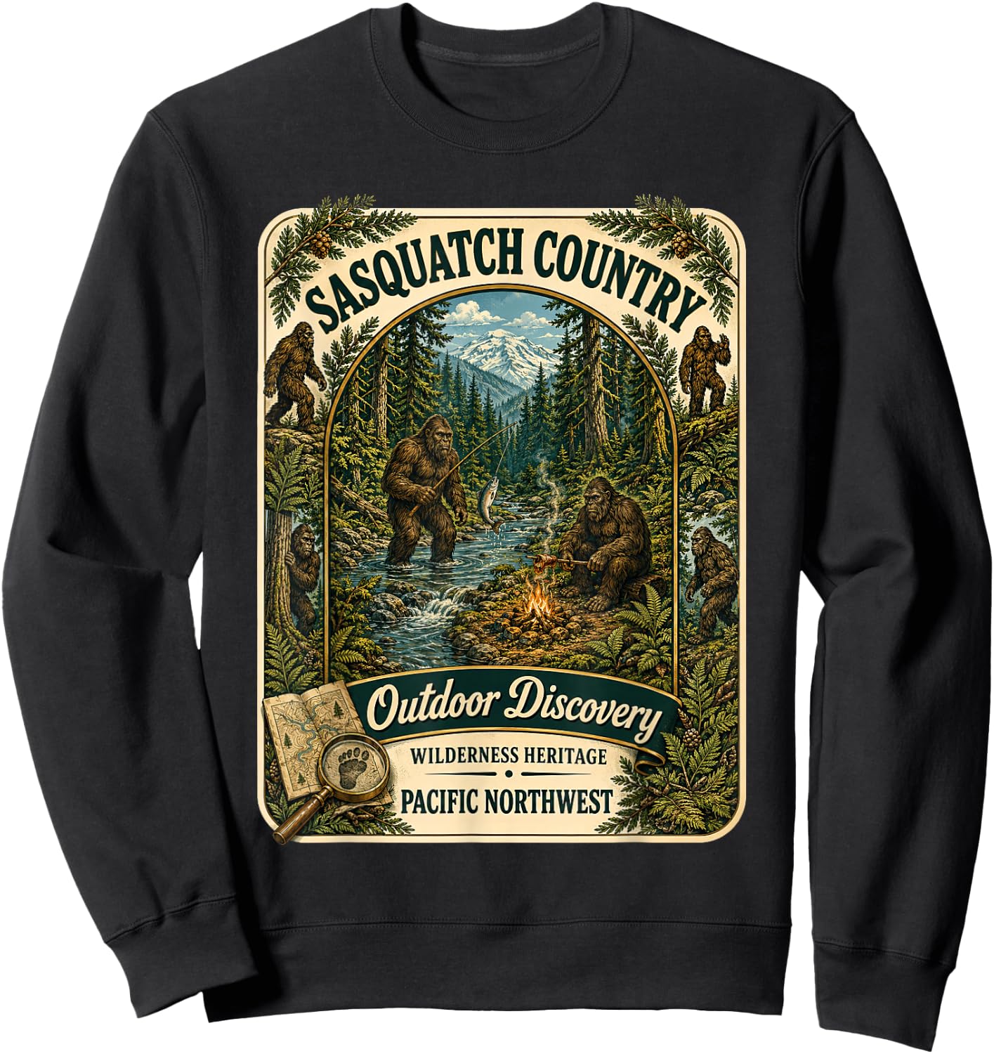 Sasquatch Bigfoot Country Outdoor Camping Pacific Northwest Sweatshirt - Sweatshirt | Black