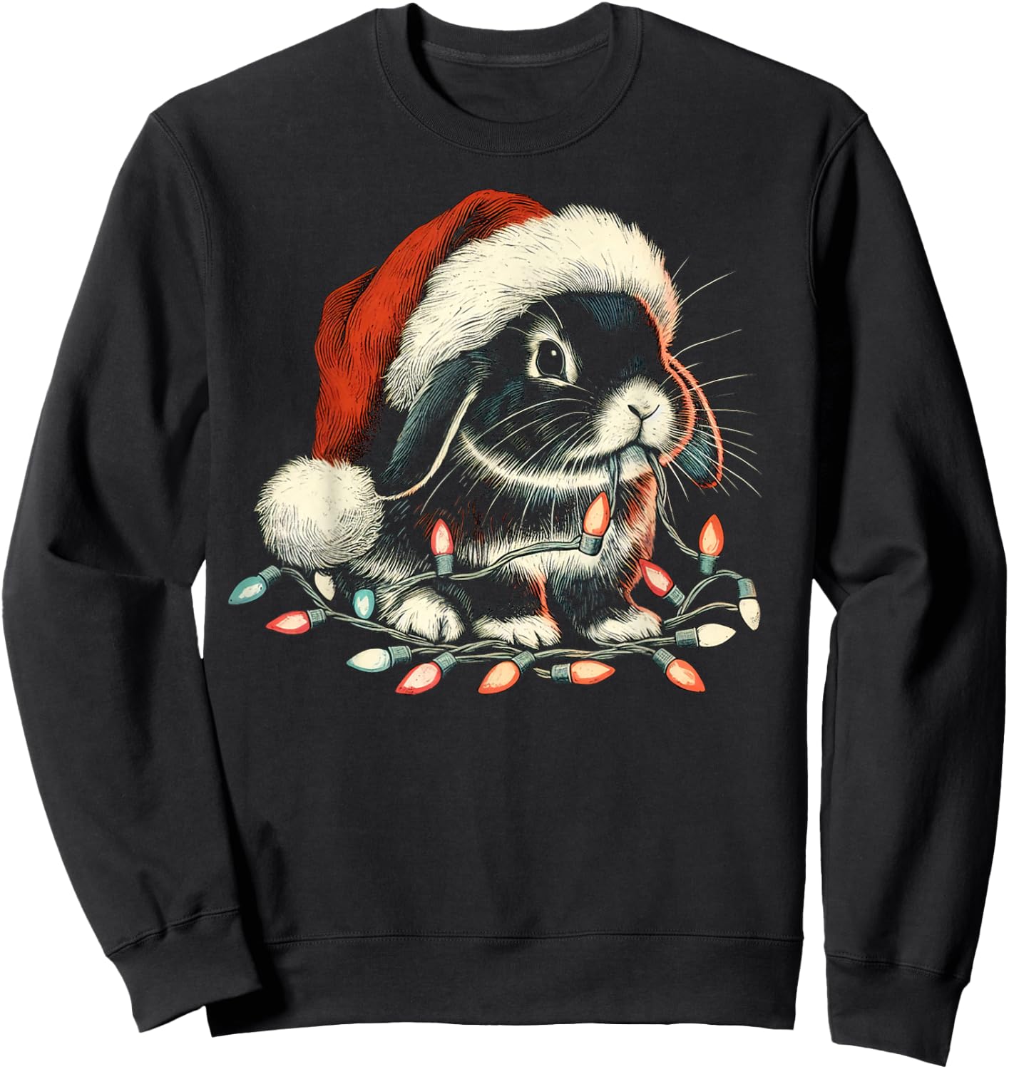 Holland Lop Rabbit Bunny Chew Christmas Light Xmas Holiday Sweatshirt - Sweatshirt | Black