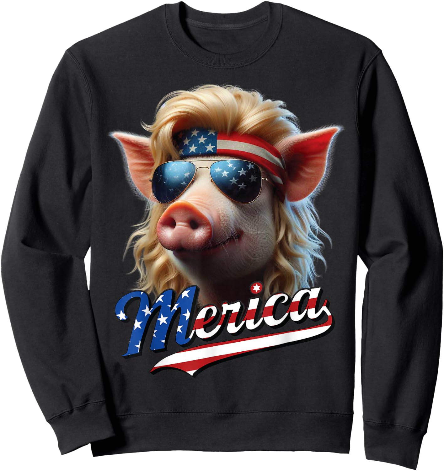 Pig Merica Blonde Mullet Wig USA Flag Funny Sweatshirt - Sweatshirt | Black