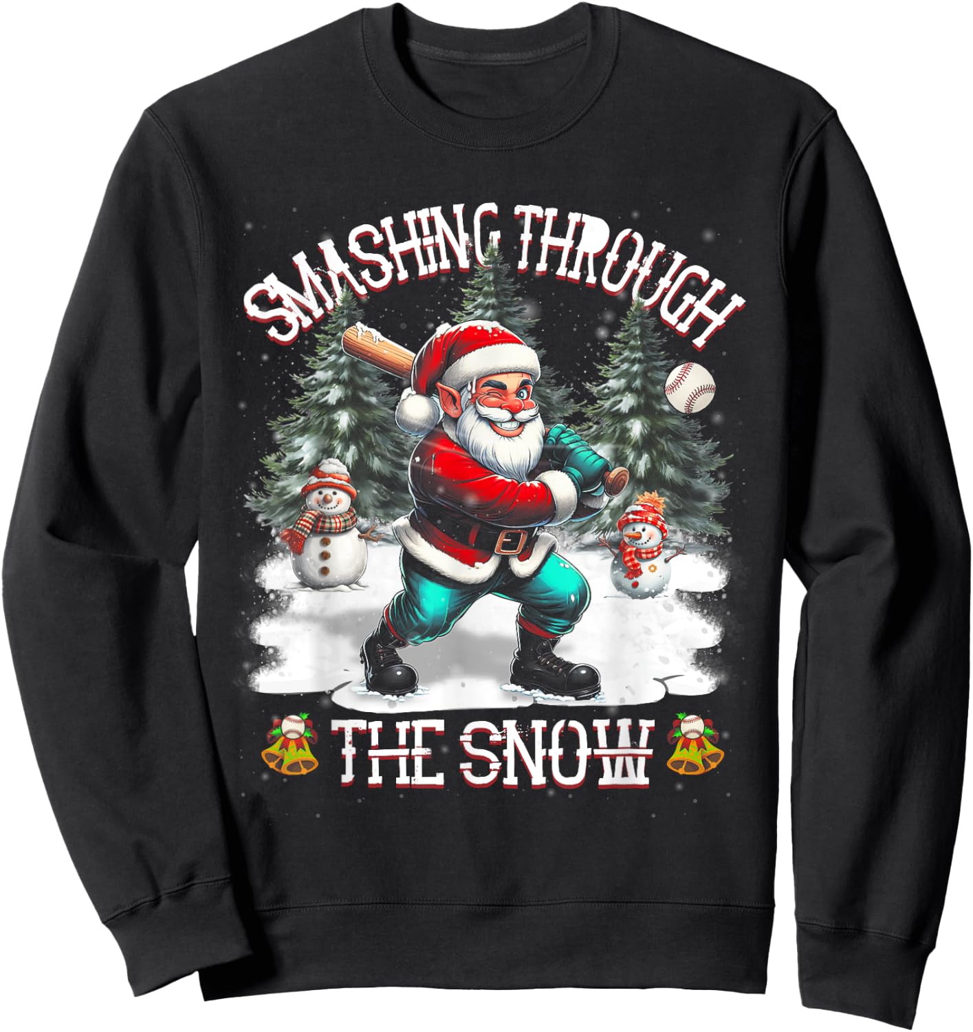 Baseball Player Christmas Santa Smashing Through Snow Sweatshirt - Sweatshirt | Black
