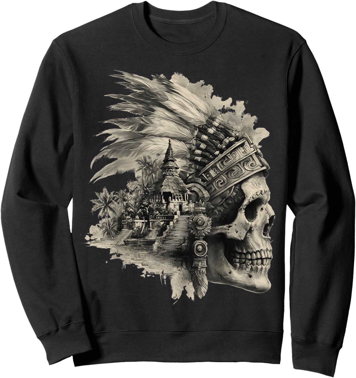Feather Aztec Skull Maya Mexican Maya Indigenous Aztec Sweatshirt - Sweatshirt | Black