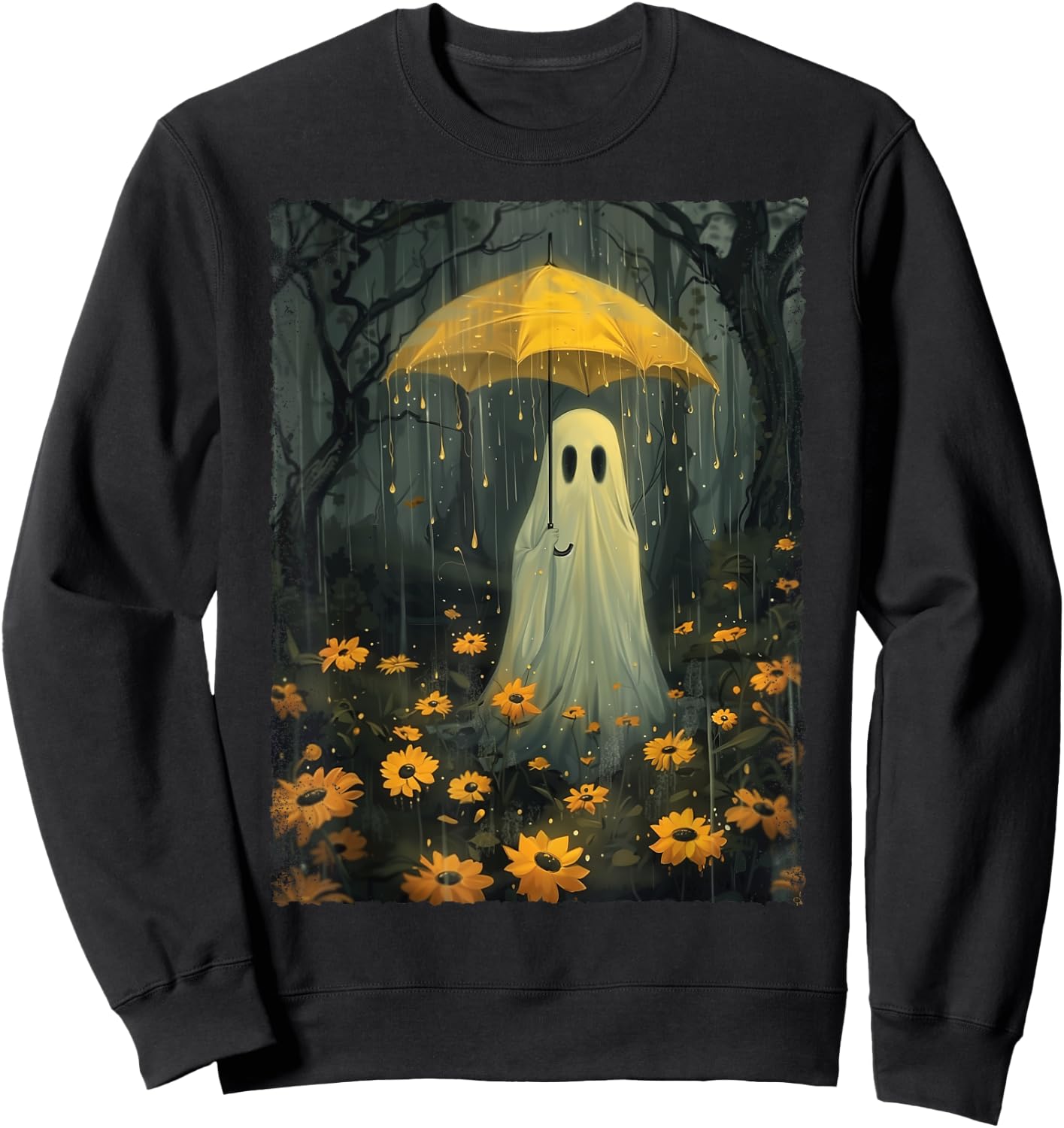 Ghost Holding Umbrella In The Rain Forest Gothic Whimsical Sweatshirt - Sweatshirt | Black
