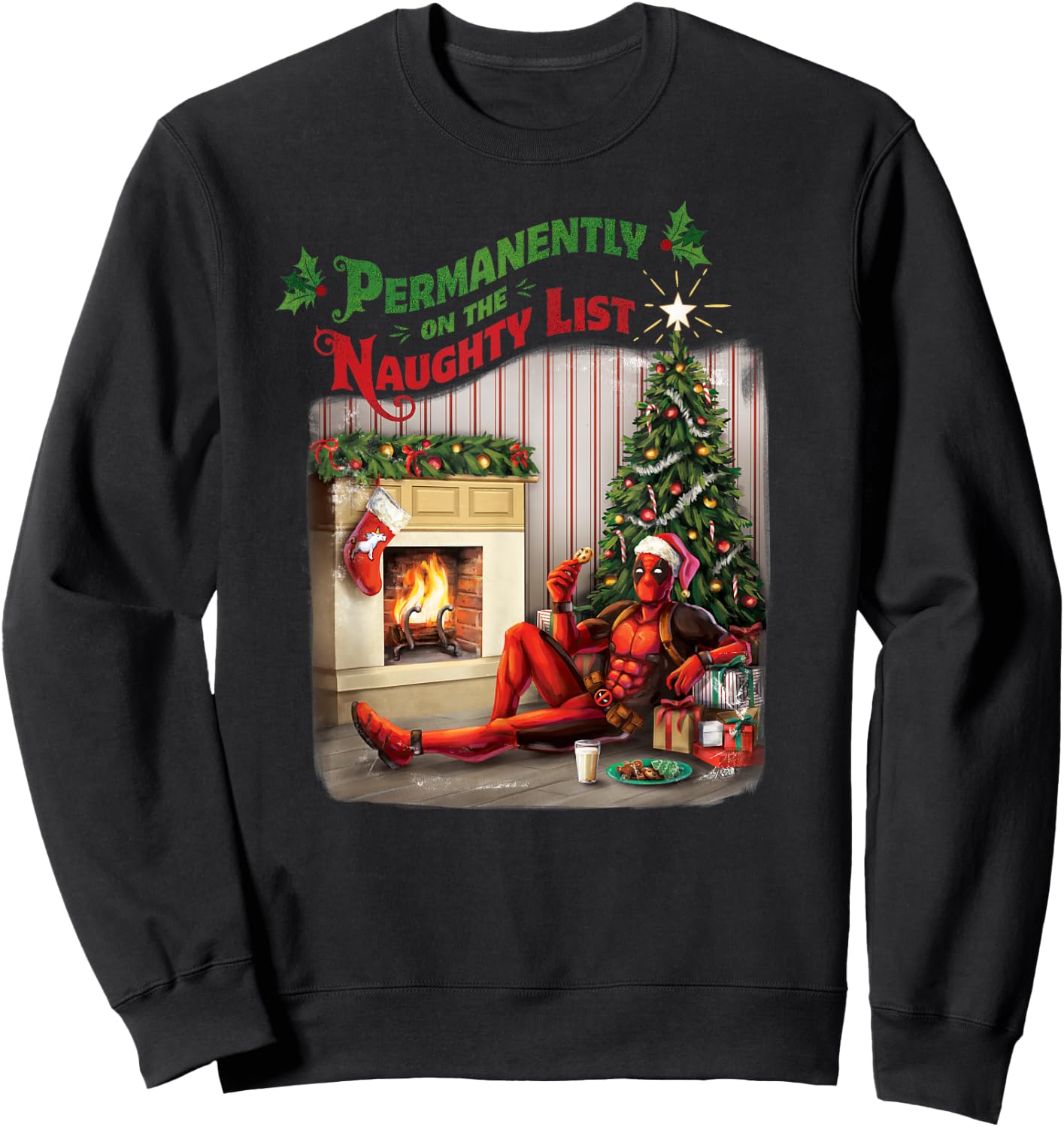 Marvel Deadpool Permanently on The Naughty List Holiday Sweatshirt - Sweatshirt | Black