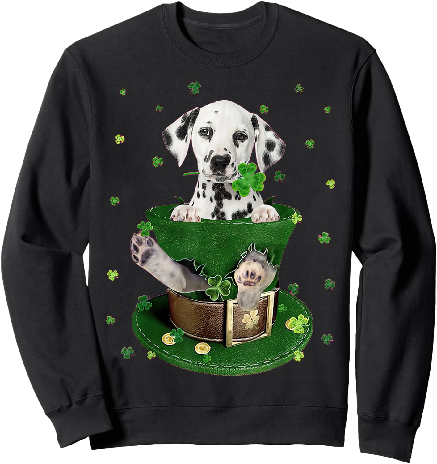 St Patrick's Day Leprechaun Dalmatian Dog Shamrock Irish Sweatshirt - Sweatshirt | Black