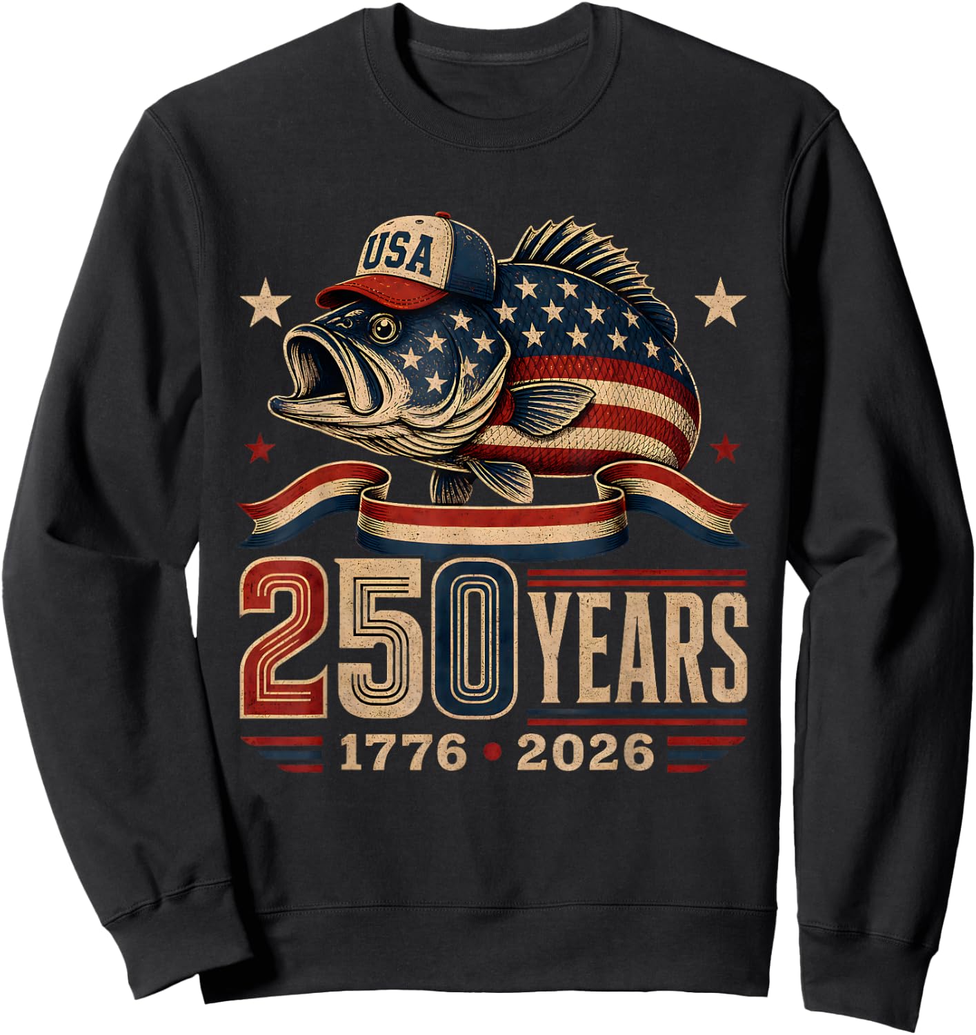 250 Years 1776-2026 Bass Fishing 250th Anniversary 4th July Sweatshirt - Sweatshirt | Black
