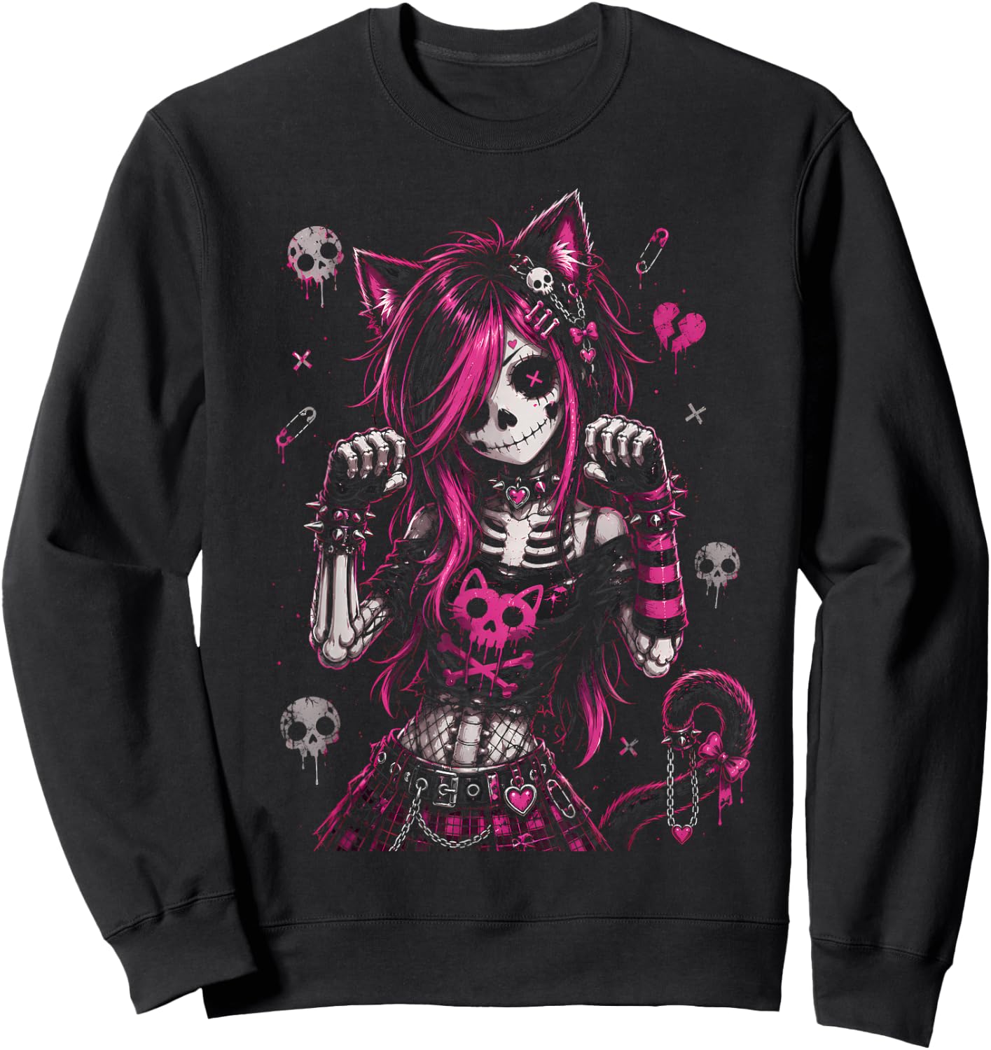 Emo Skeleton Cat Girl Pink Goth Aesthetic Rock Design Sweatshirt - Sweatshirt | Black