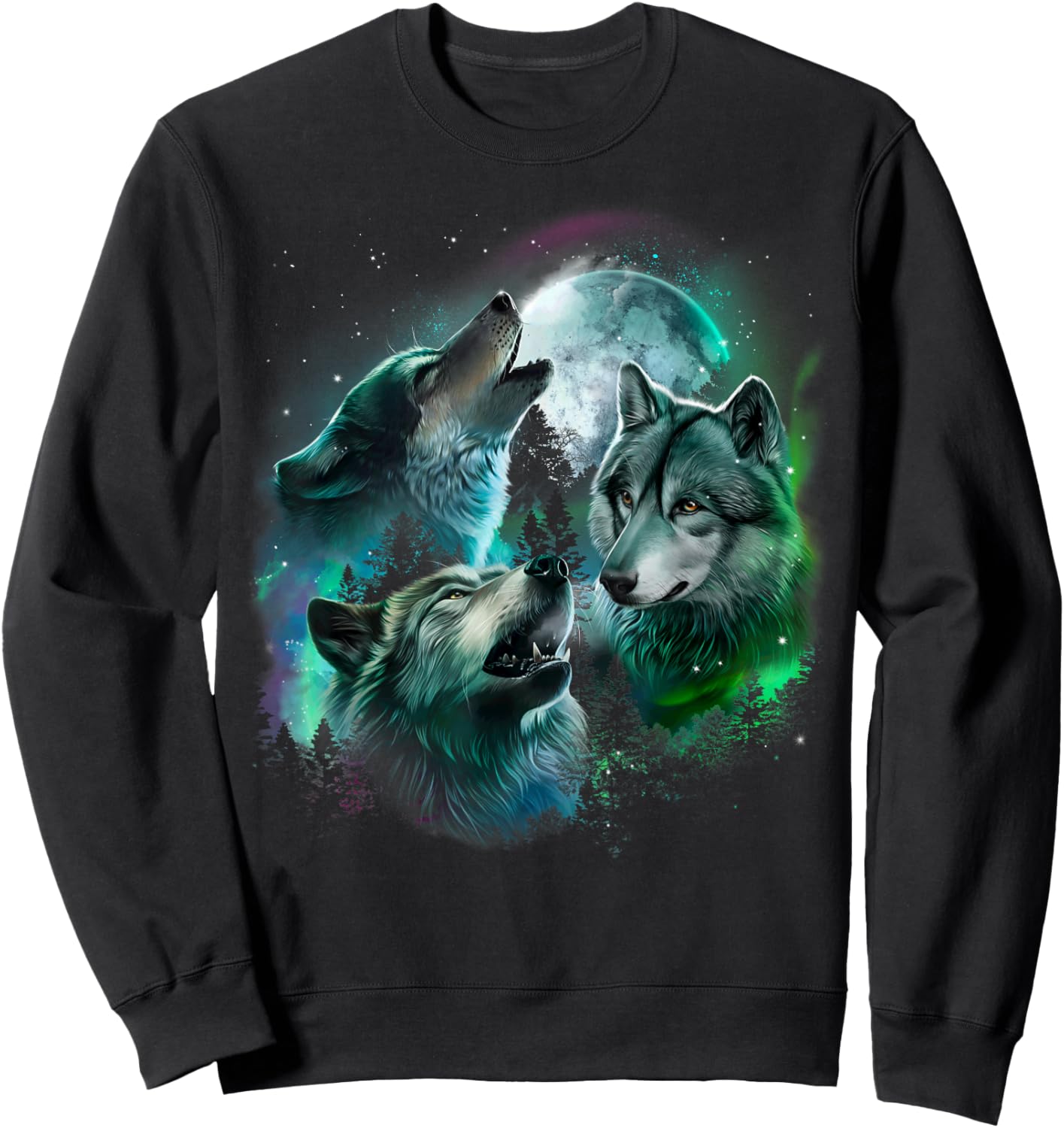 Grey Wolf Hunting in the Forest under Full Moon and Aurora Sweatshirt - Sweatshirt | Black