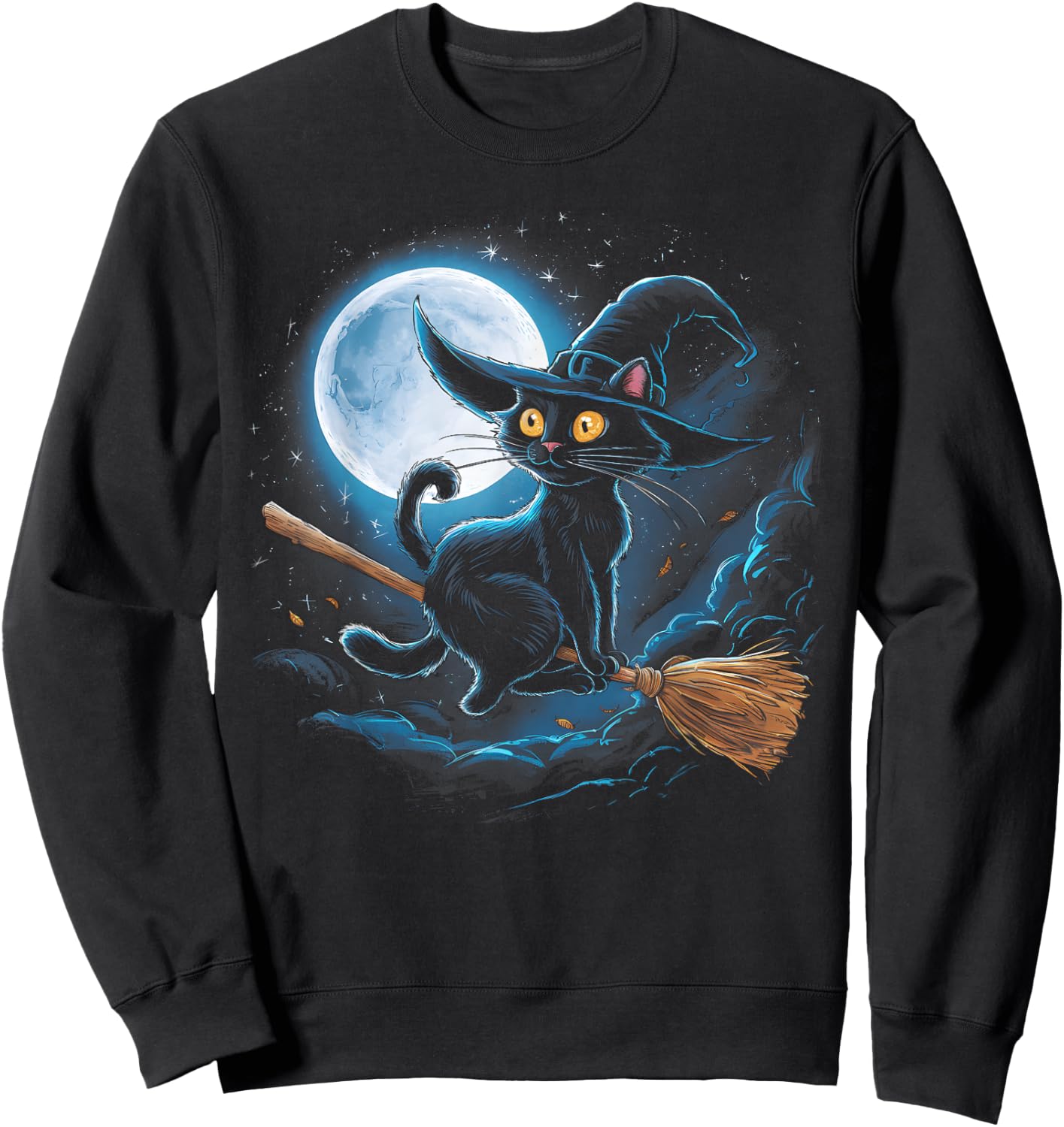 Witchy Black Cat on a Broomstick with Full Moon Halloween Women Kids Sweatshirt - Sweatshirt | Black
