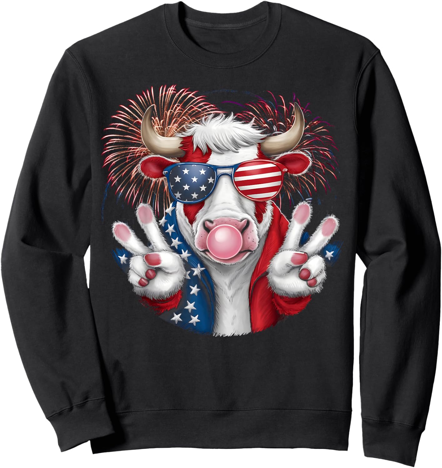 Fourth of July Firework Bull cow Patriotic American Flag Sweatshirt - Sweatshirt | Black