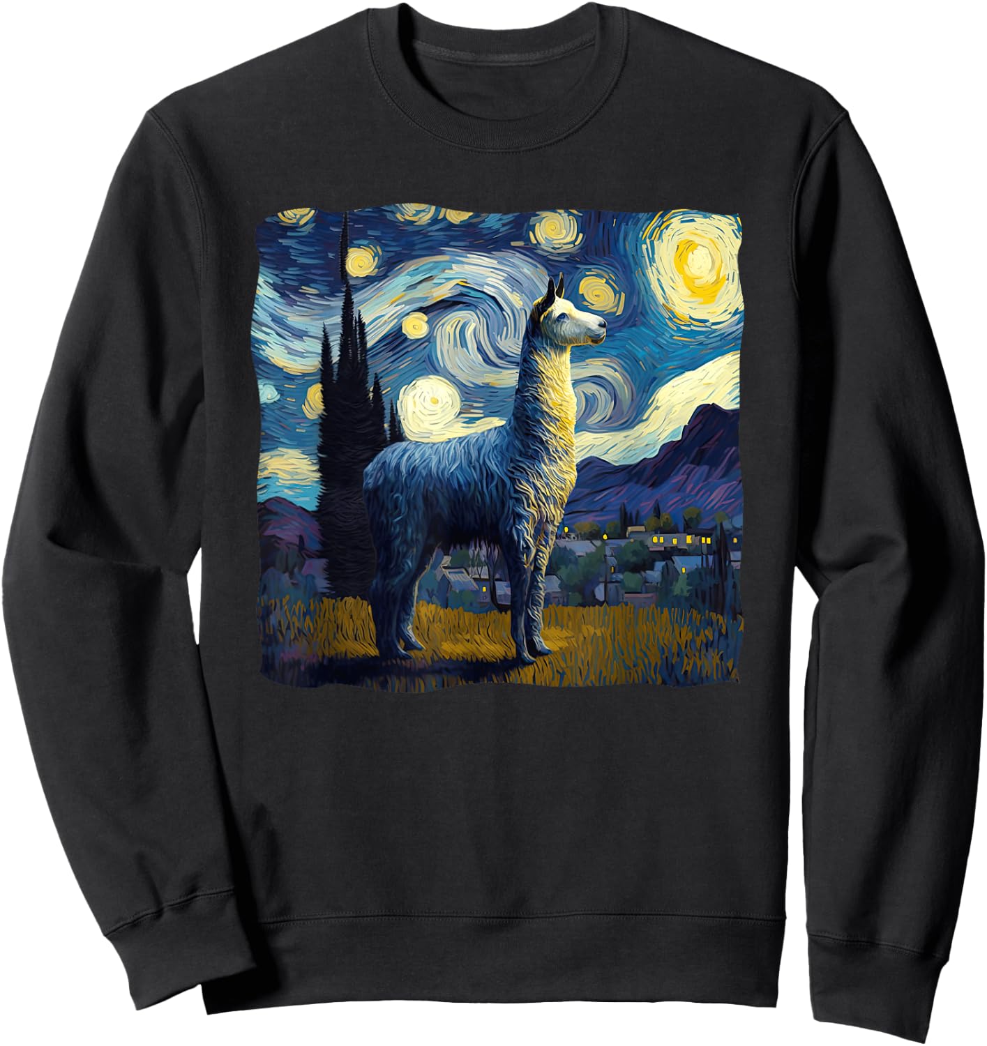 Llama Starry Night Van Gogh Painting Art Weird Aesthetic Sweatshirt - Sweatshirt | Black