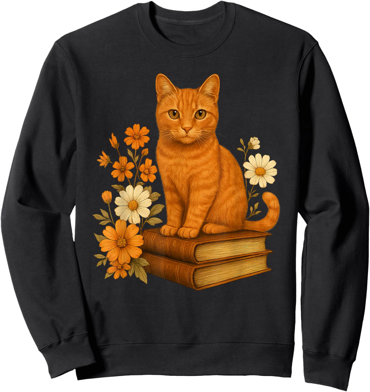 Cute Orange Cat Book Flowers Sweatshirt - Sweatshirt | Black