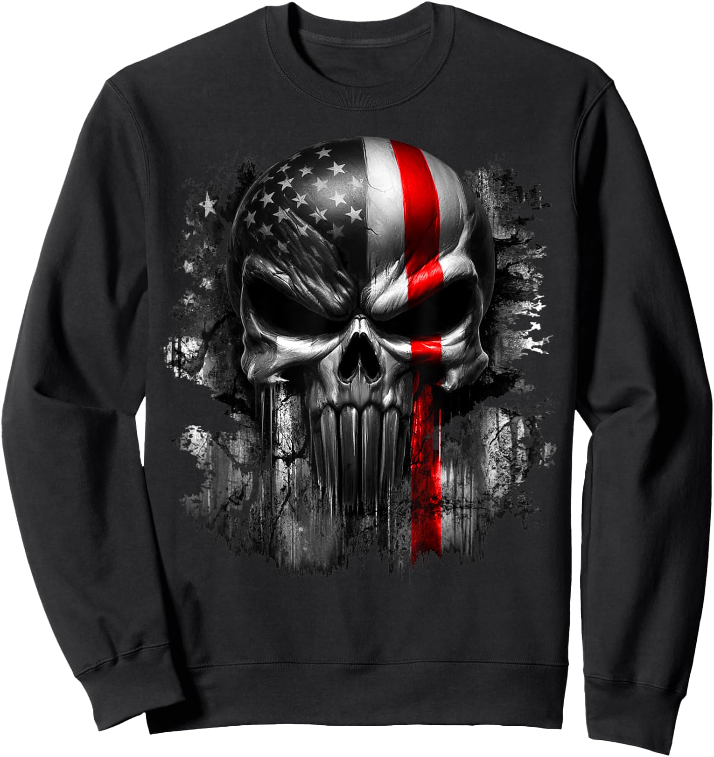 USA American Skull Patriotic Flag Red Line Grunge Graphic Sweatshirt - Sweatshirt | Black