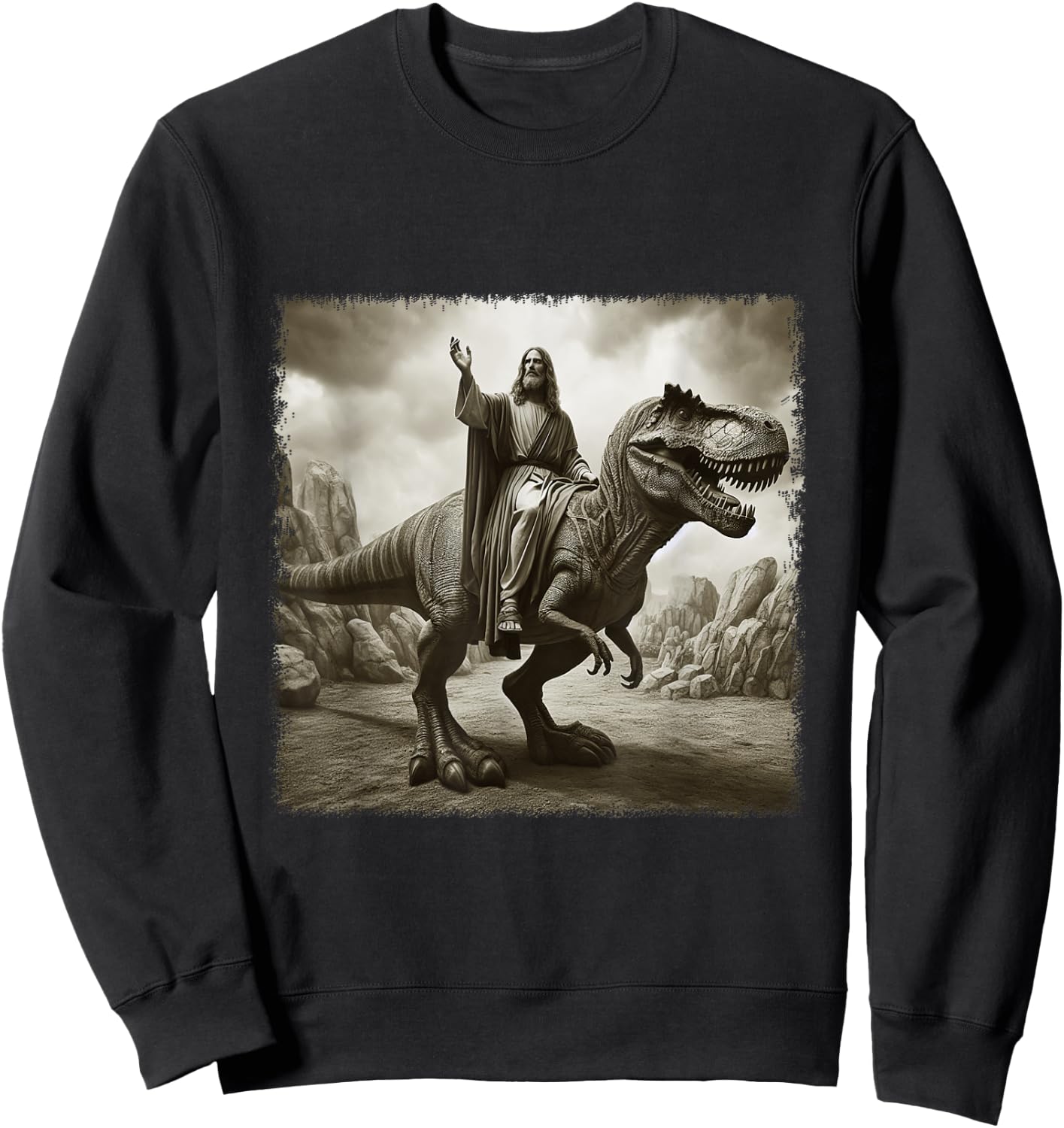 Vintage Jesus Riding T Rex Dinosaur Believers Christian Sweatshirt - Sweatshirt | Black