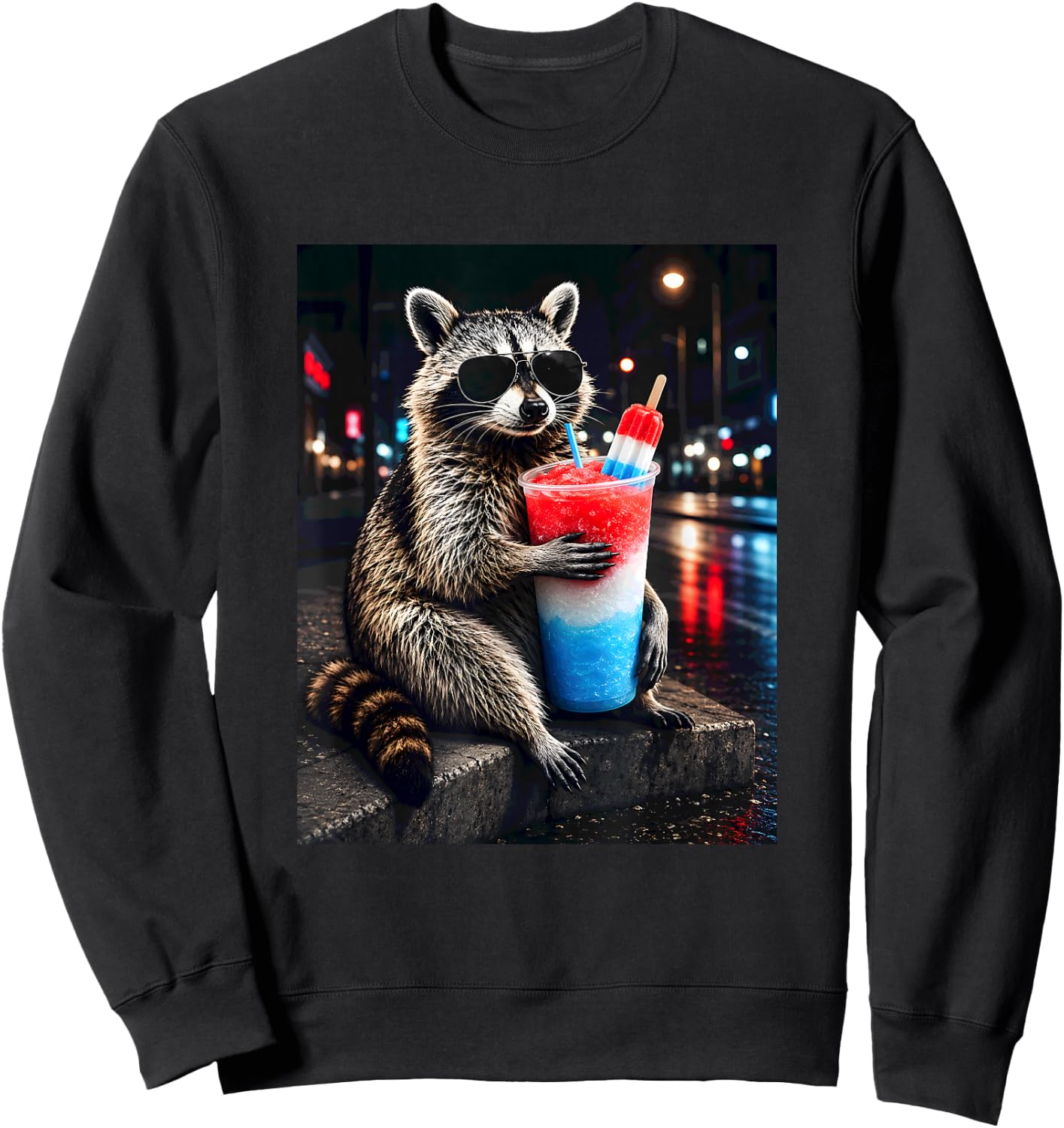 4th of July Raccoon Drinking Iced Cocktail Funny Animal Meme Sweatshirt - Sweatshirt | Black