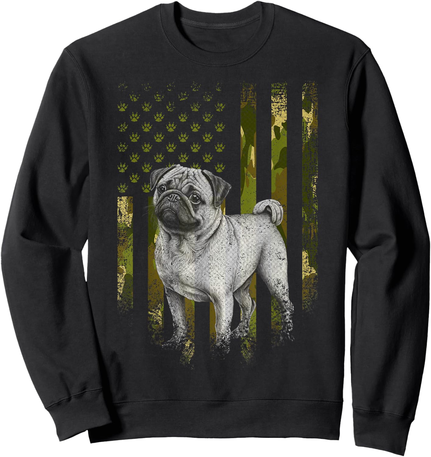 Vintage Camouflage USA Camo Flag Pug Dog 4th Of July Sweatshirt - Sweatshirt | Black