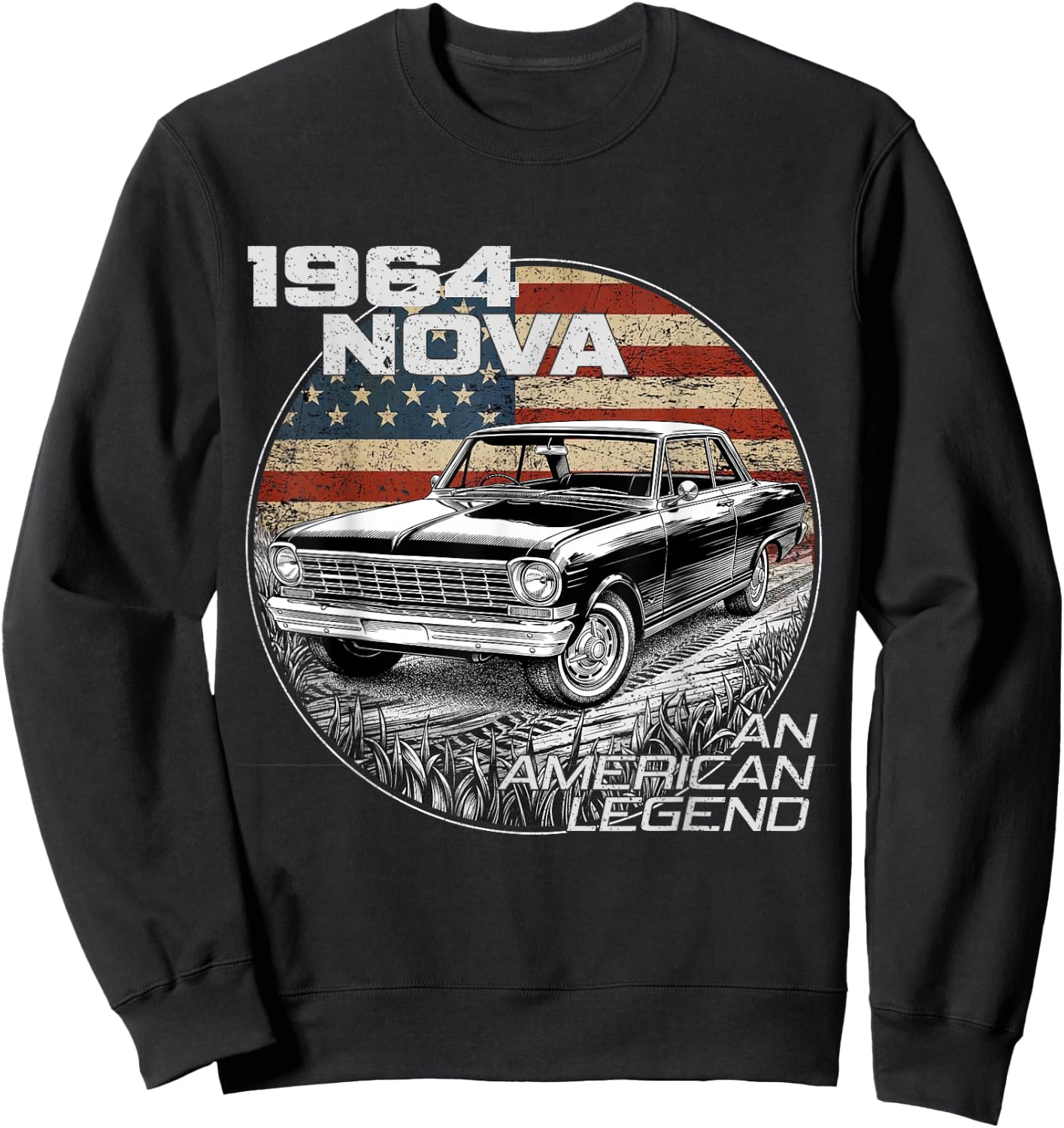 1964 64 Nova Silhouette Muscle Car American Flag Sweatshirt - Sweatshirt | Black