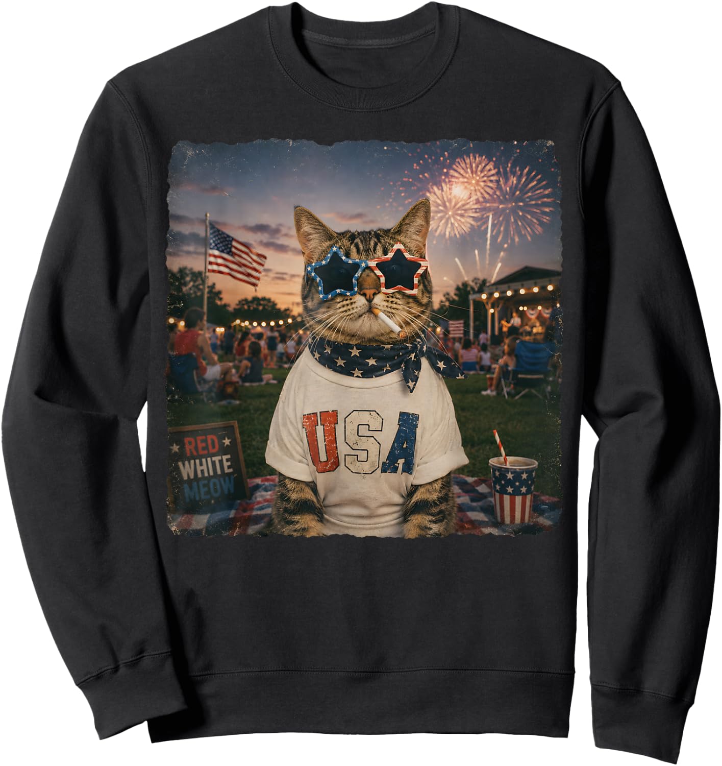 Funny American Cat Smoking Sunglasses Meme Funny 4th of July Sweatshirt - Sweatshirt | Black