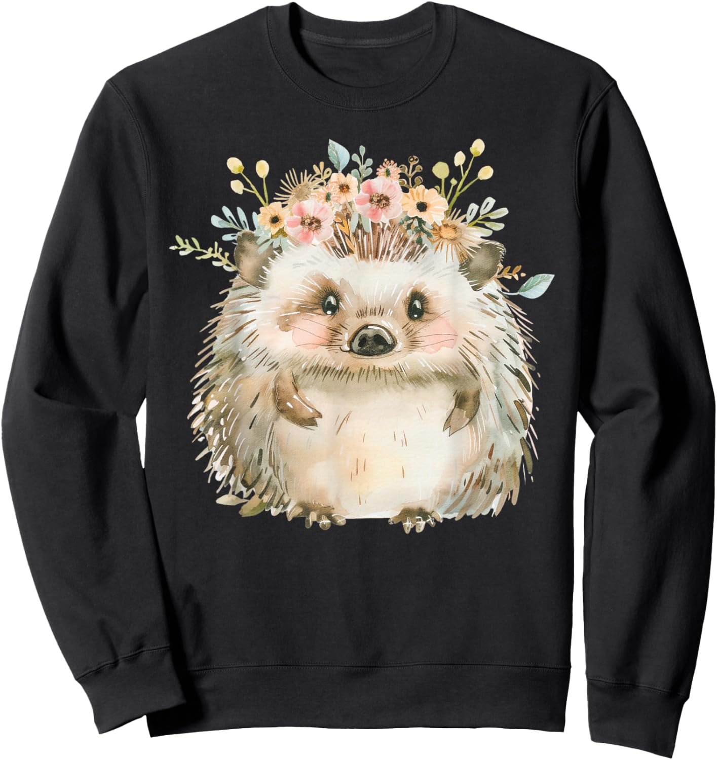 Hedgehog Boho Forest Animal Flower Flowers Vintage , black Sweatshirt - Sweatshirt | Black