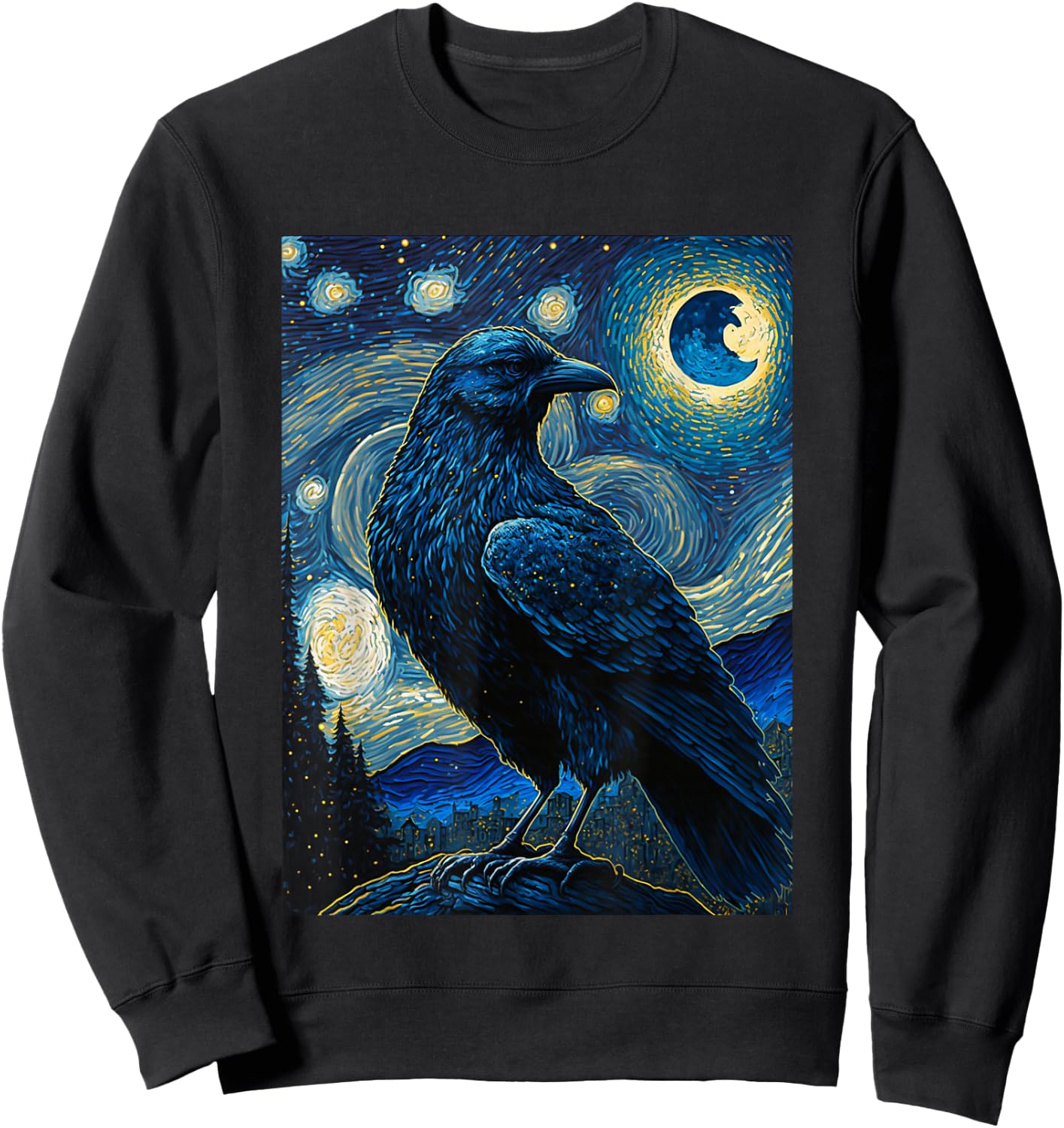 Raven Starry Night Style Painting, Van Gogh Crow Lover Sweatshirt - Sweatshirt | Black