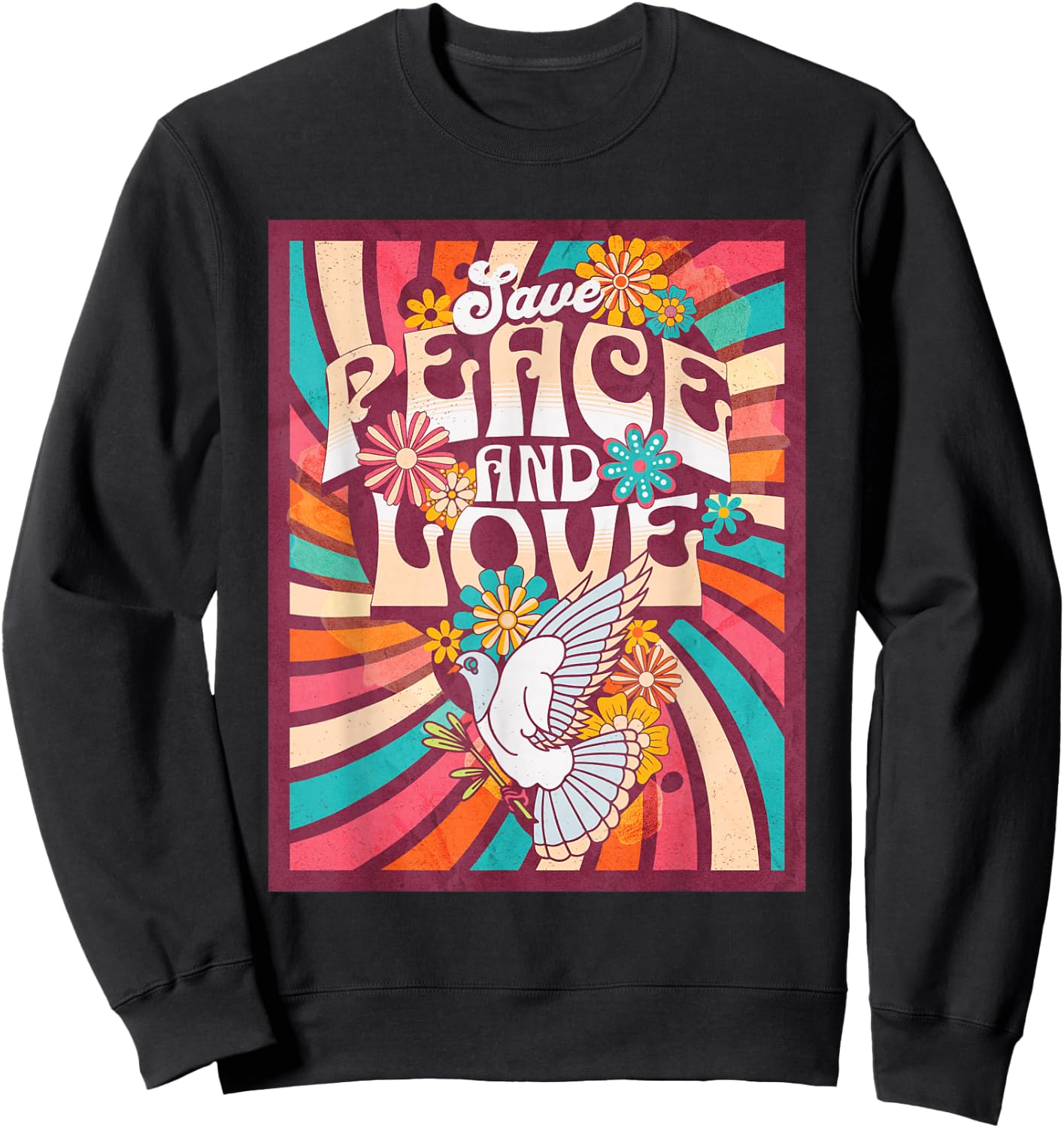 Save Peace and Love Retro Hippie Dove Floral Style 70s , Black, S Sweatshirt - Sweatshirt | Black