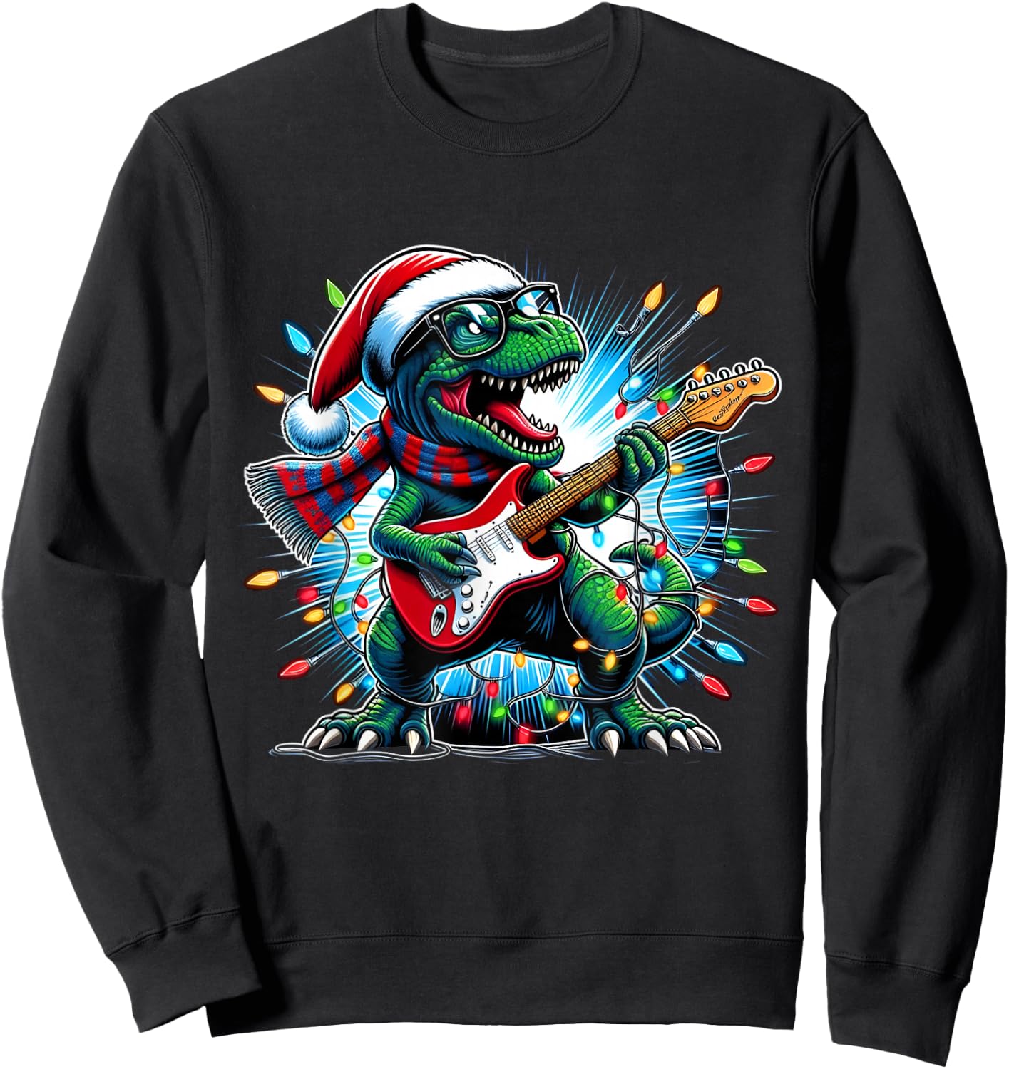 Dinosaur Guitar Player Xmas Funny Trex Dinosaur Christmas Sweatshirt - Sweatshirt | Black