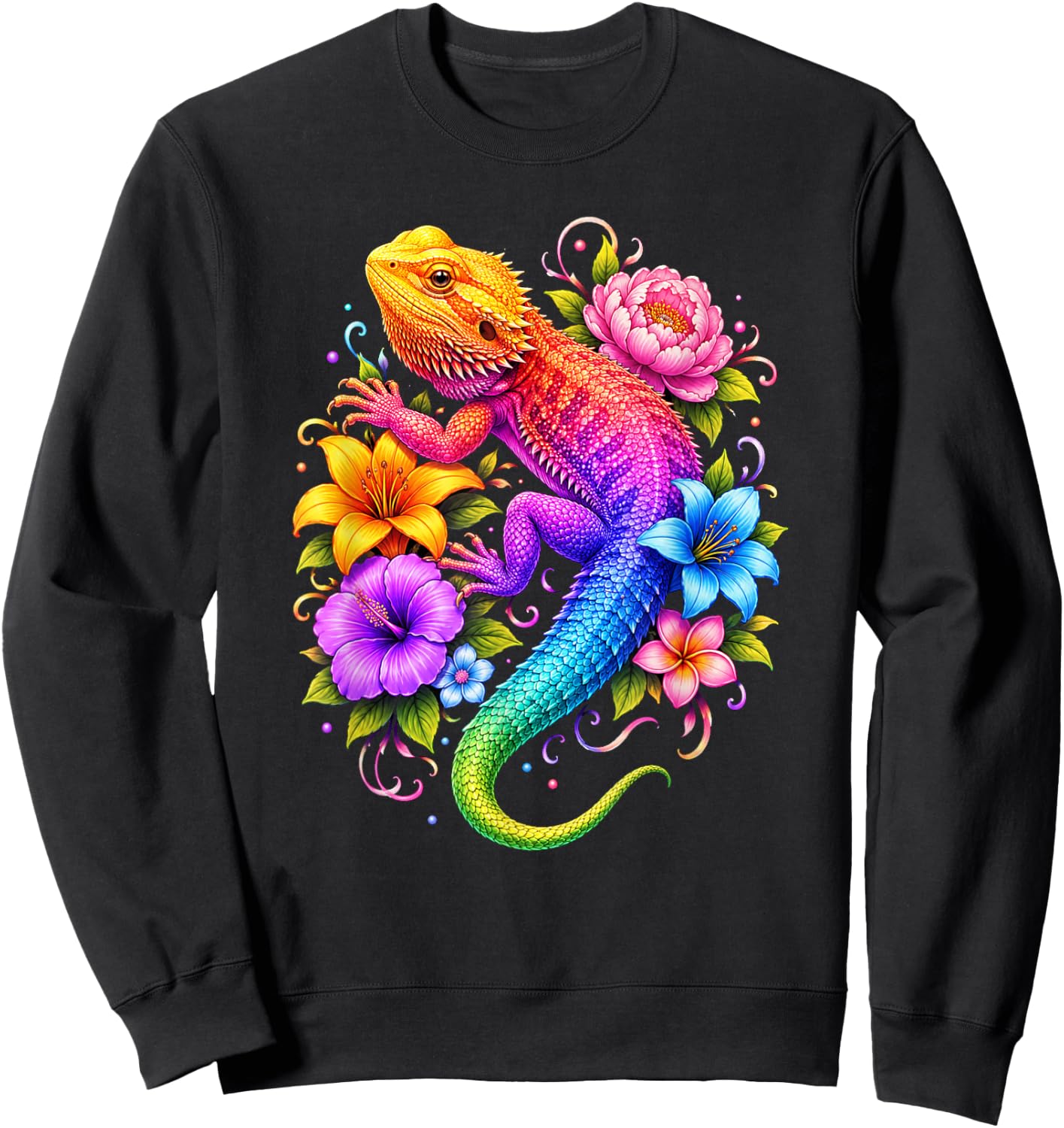 Colorful Floral Bearded Dragon Flowers Rainbow Women Girls Sweatshirt - Sweatshirt | Black