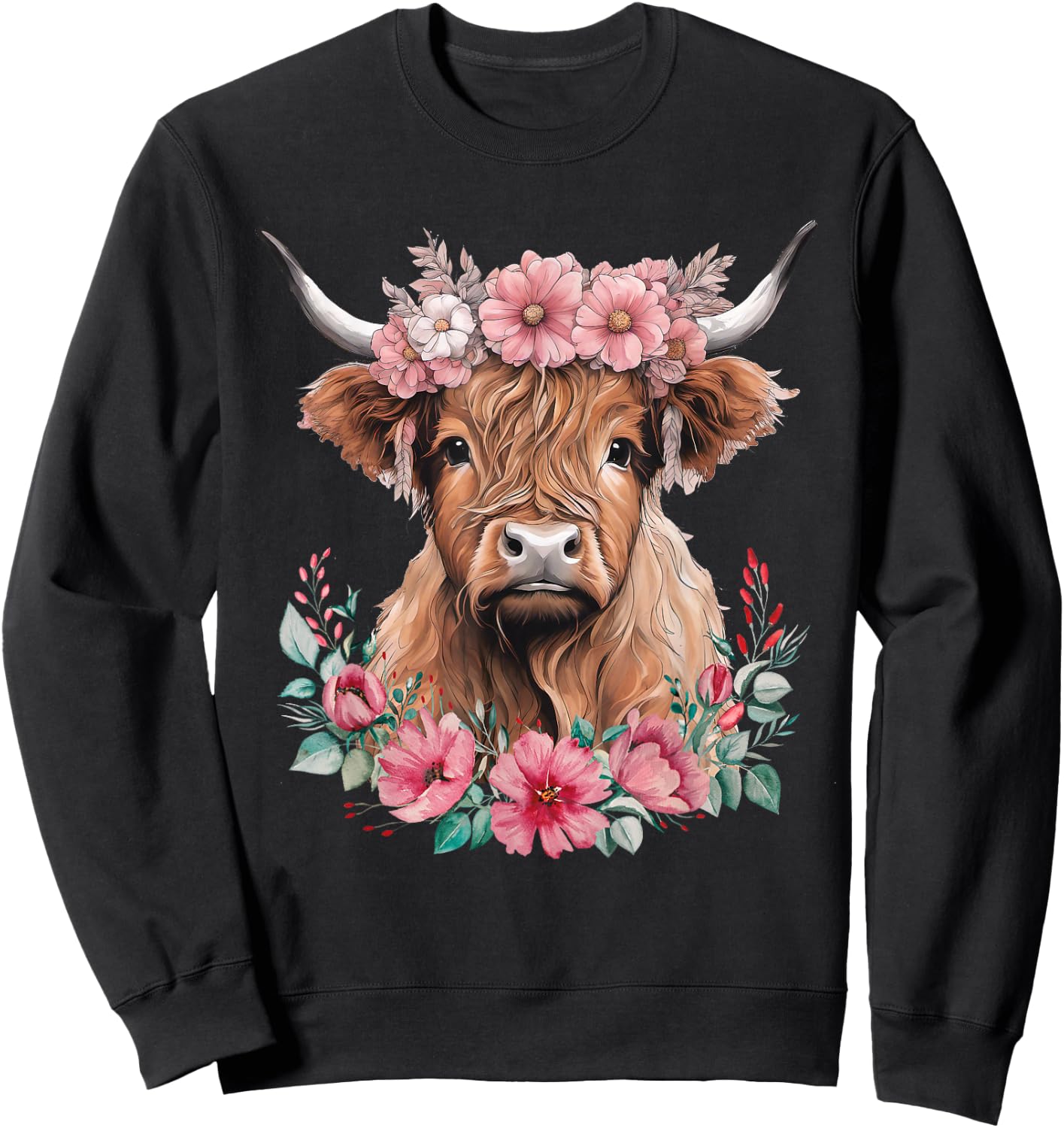Cute Baby Highland Cow with Flowers Calf Animal Cow Women Sweatshirt - Sweatshirt | Black