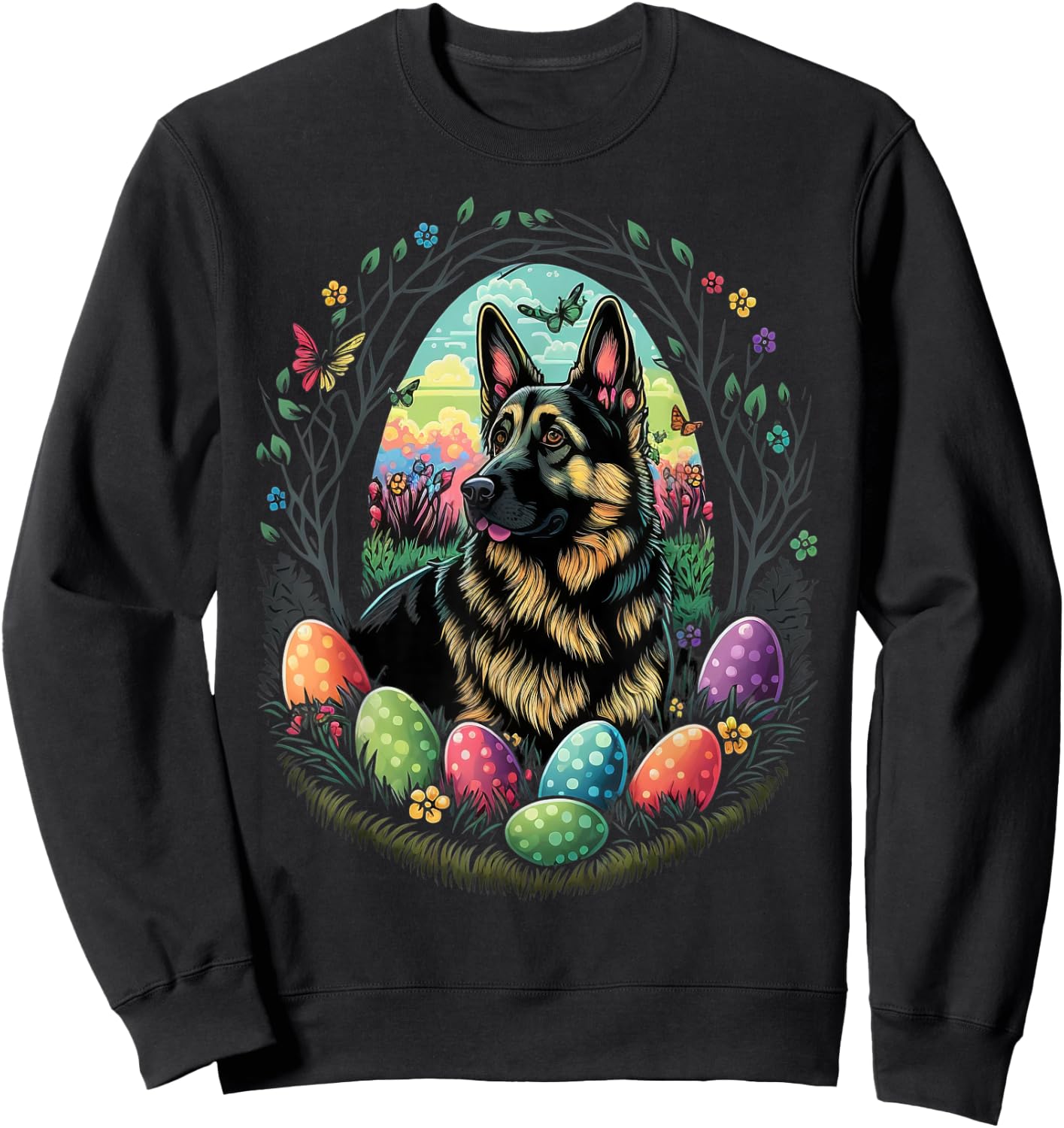 Easter Alsatian Bunny Eggs Dog on Easter German Shepherd Sweatshirt - Sweatshirt | Black
