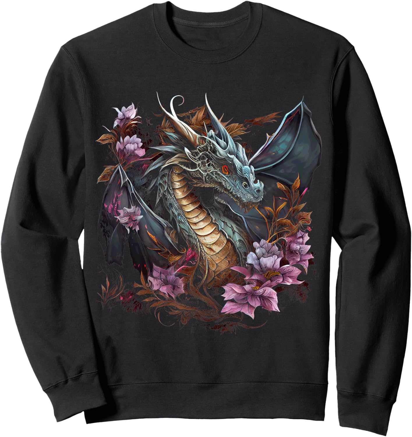 Beautiful Floral Dragon Lover Fantasy Art Cool Illustration Sweatshirt - Sweatshirt | Black