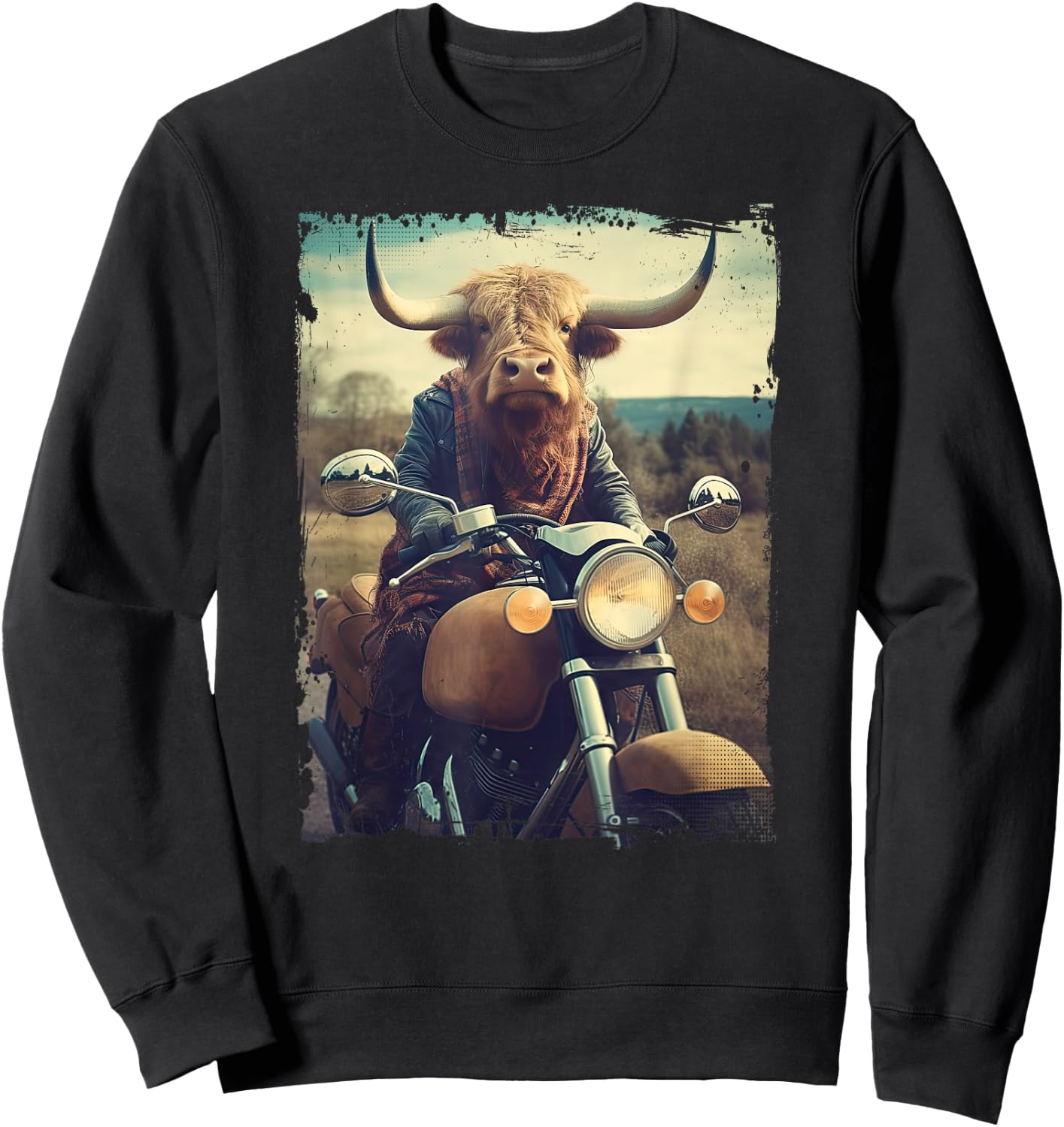 Scottish Highland Cow Cattle Hairy Cow Rides motorcycle men Sweatshirt - Sweatshirt | Black